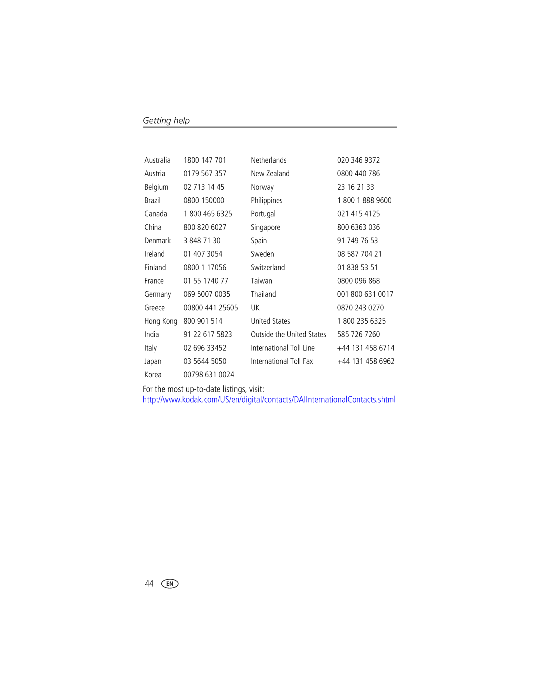 Kodak EasyShare LS743 manual Greece, 0870 243, 800 901 United States 800 235 India 91 22 617, 585 726, Korea 00798 631 