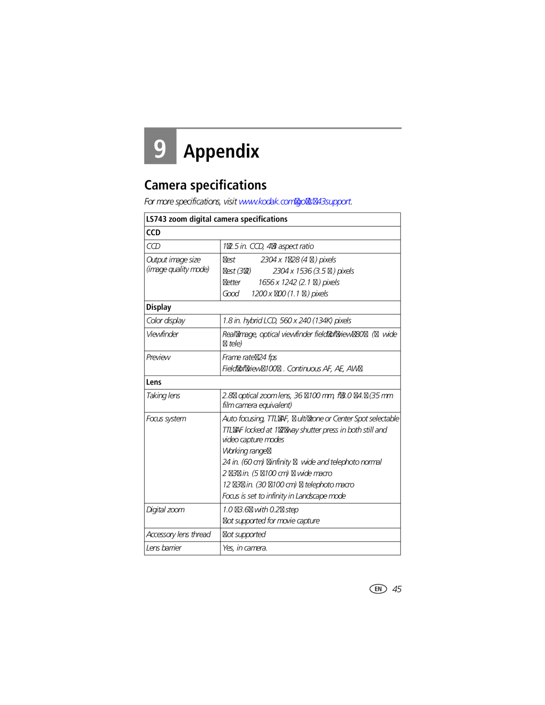 Kodak EasyShare LS743 manual Appendix, Camera specifications, LS743 zoom digital camera specifications, Display, Lens 