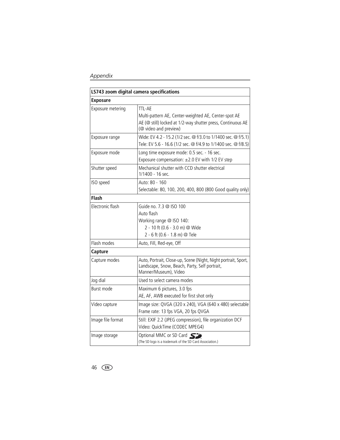 Kodak EasyShare LS743 manual LS743 zoom digital camera specifications Exposure, Flash, Capture 