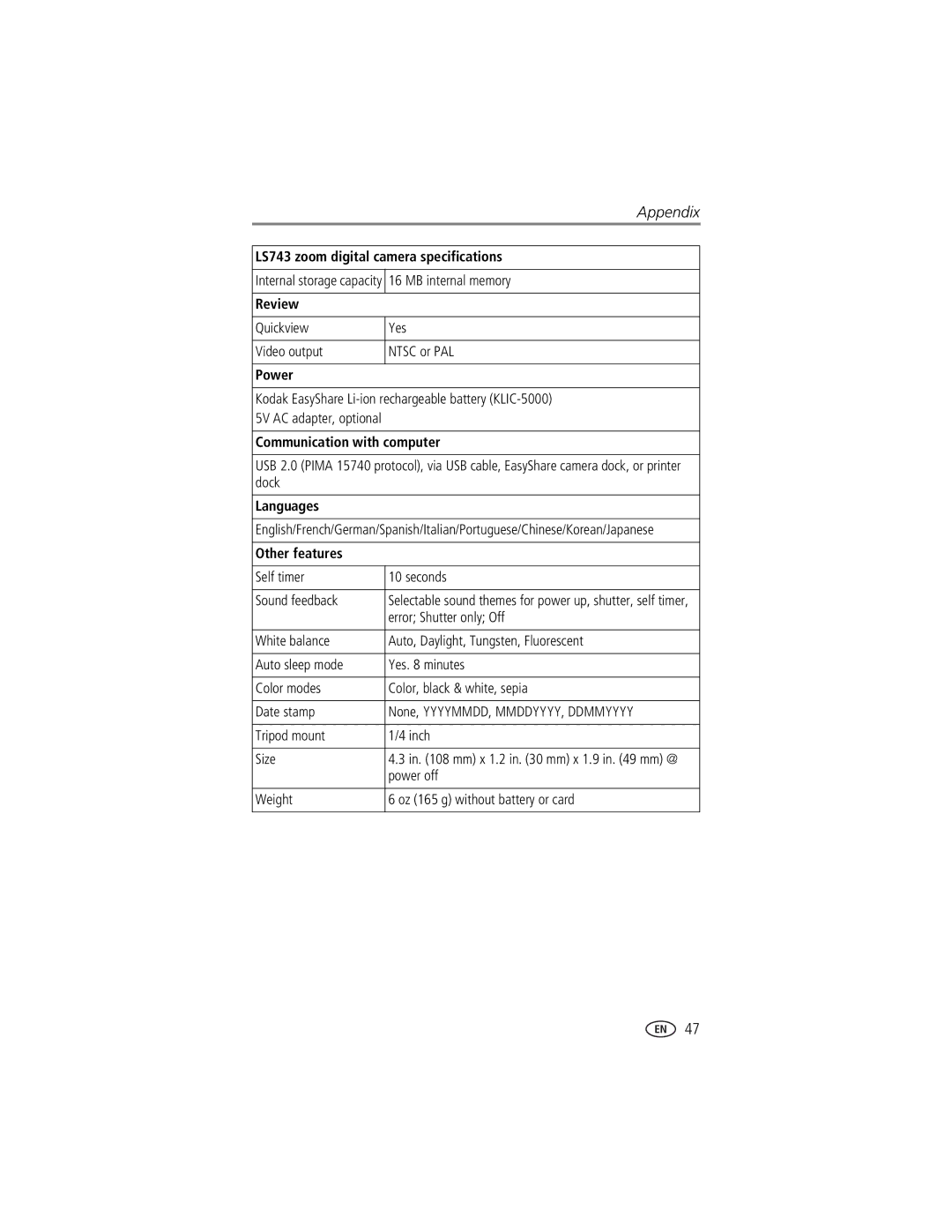 Kodak EasyShare LS743 manual Review, Power, Communication with computer, Languages, Other features 