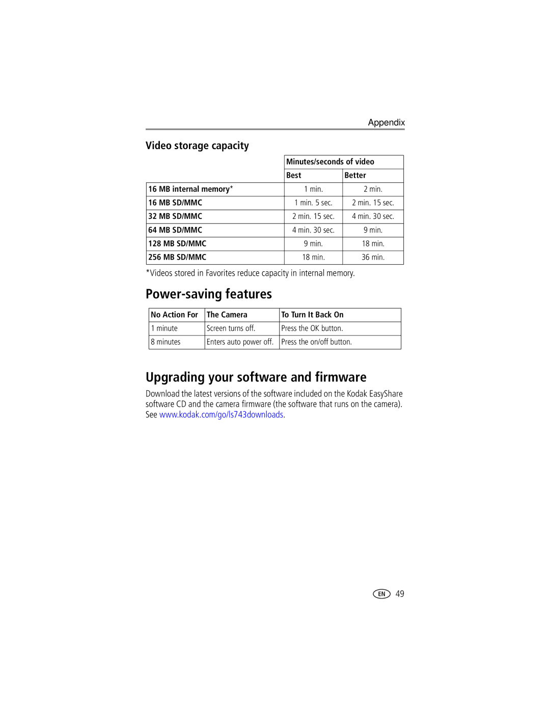 Kodak EasyShare LS743 manual Power-saving features, Upgrading your software and firmware, Video storage capacity 