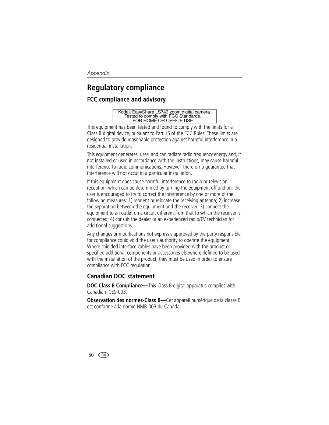 Kodak EasyShare LS743 manual Regulatory compliance, FCC compliance and advisory, Canadian DOC statement 