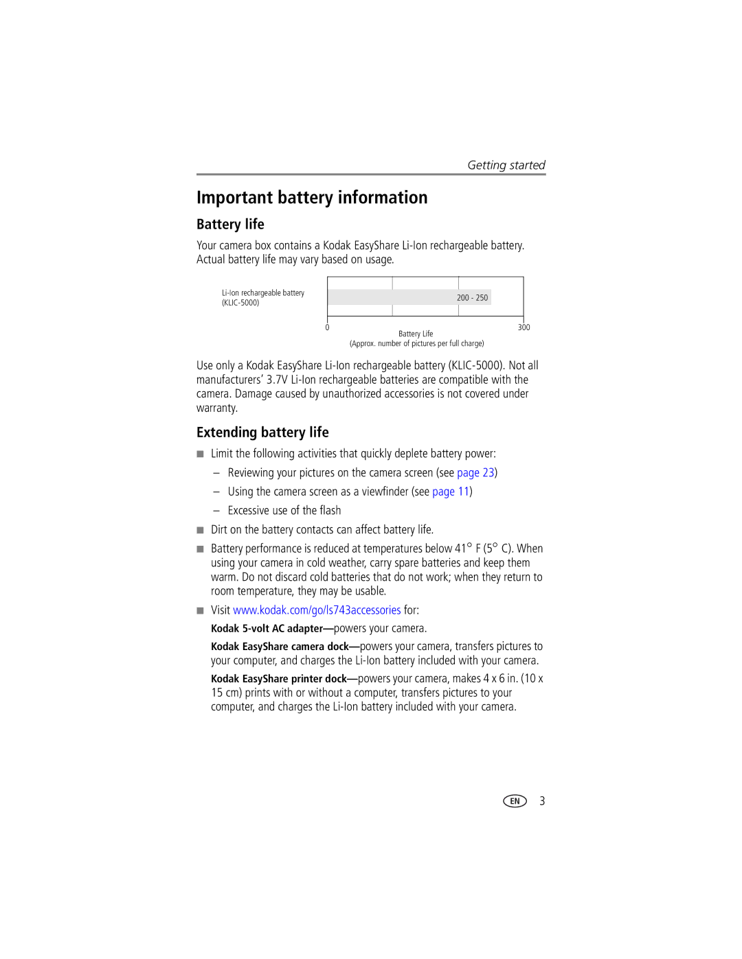 Kodak EasyShare LS743 manual Important battery information, Battery life, Extending battery life 