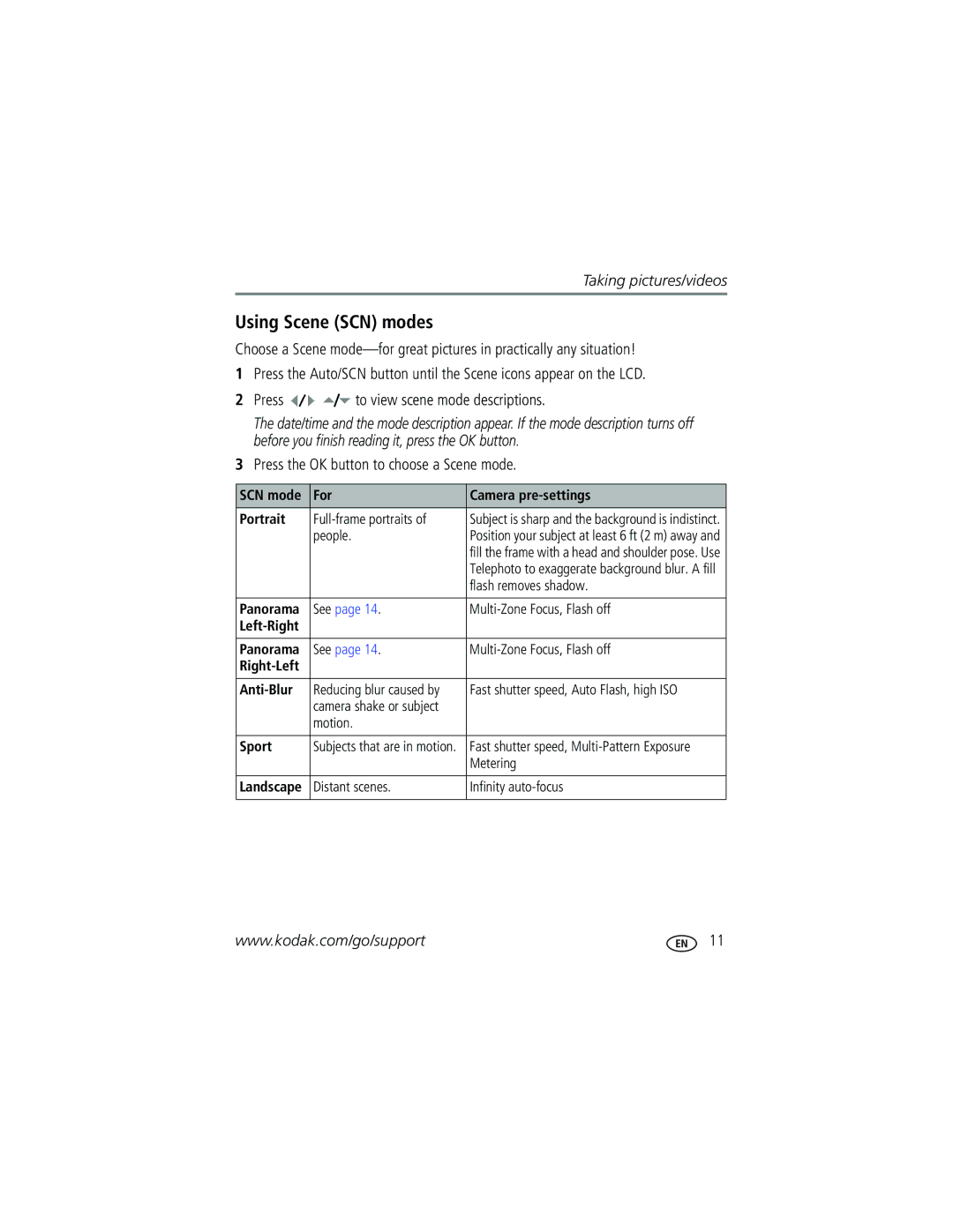 Kodak EasyShare manual Using Scene SCN modes, Press the OK button to choose a Scene mode 