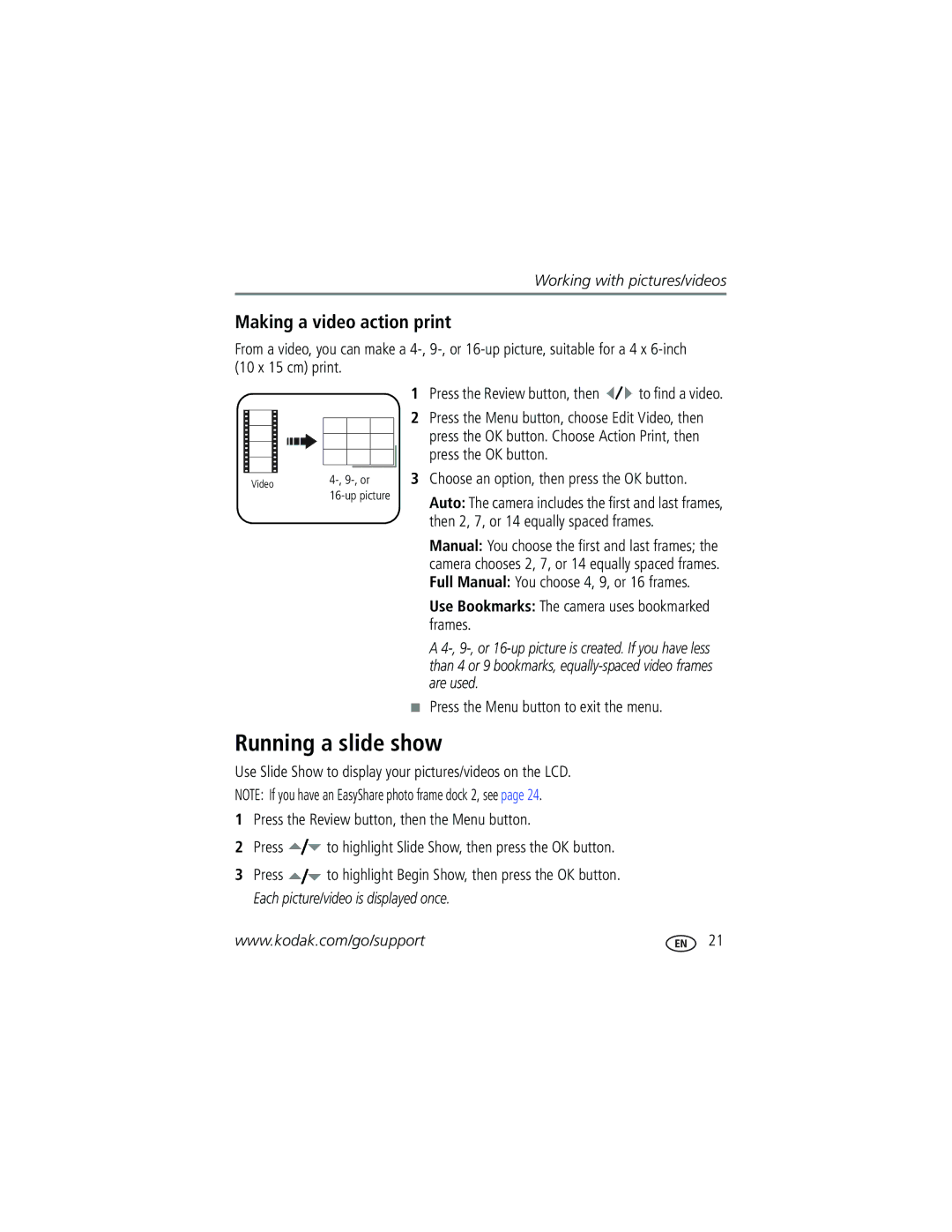 Kodak EasyShare manual Running a slide show, Making a video action print, Choose an option, then press the OK button 