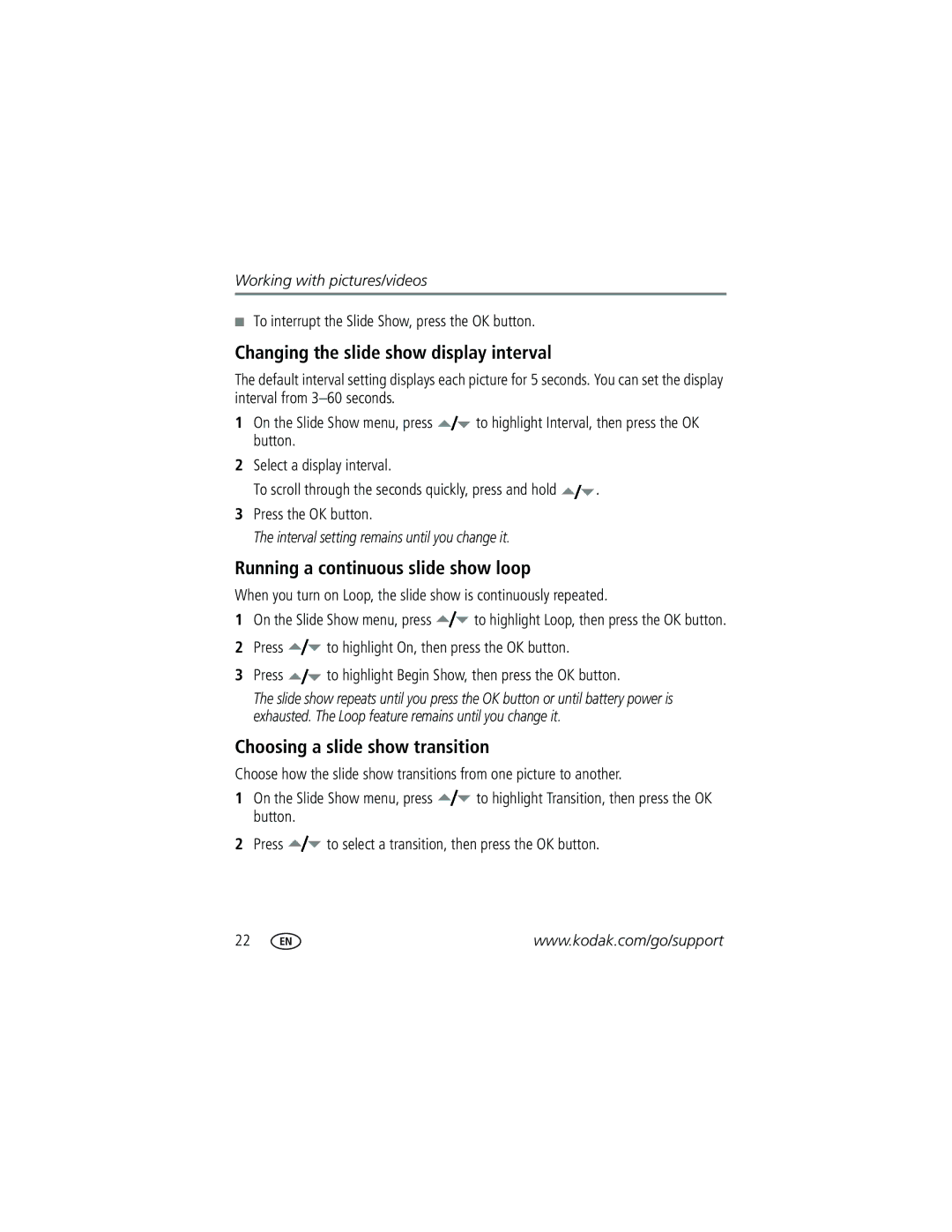 Kodak EasyShare manual Changing the slide show display interval, Running a continuous slide show loop 