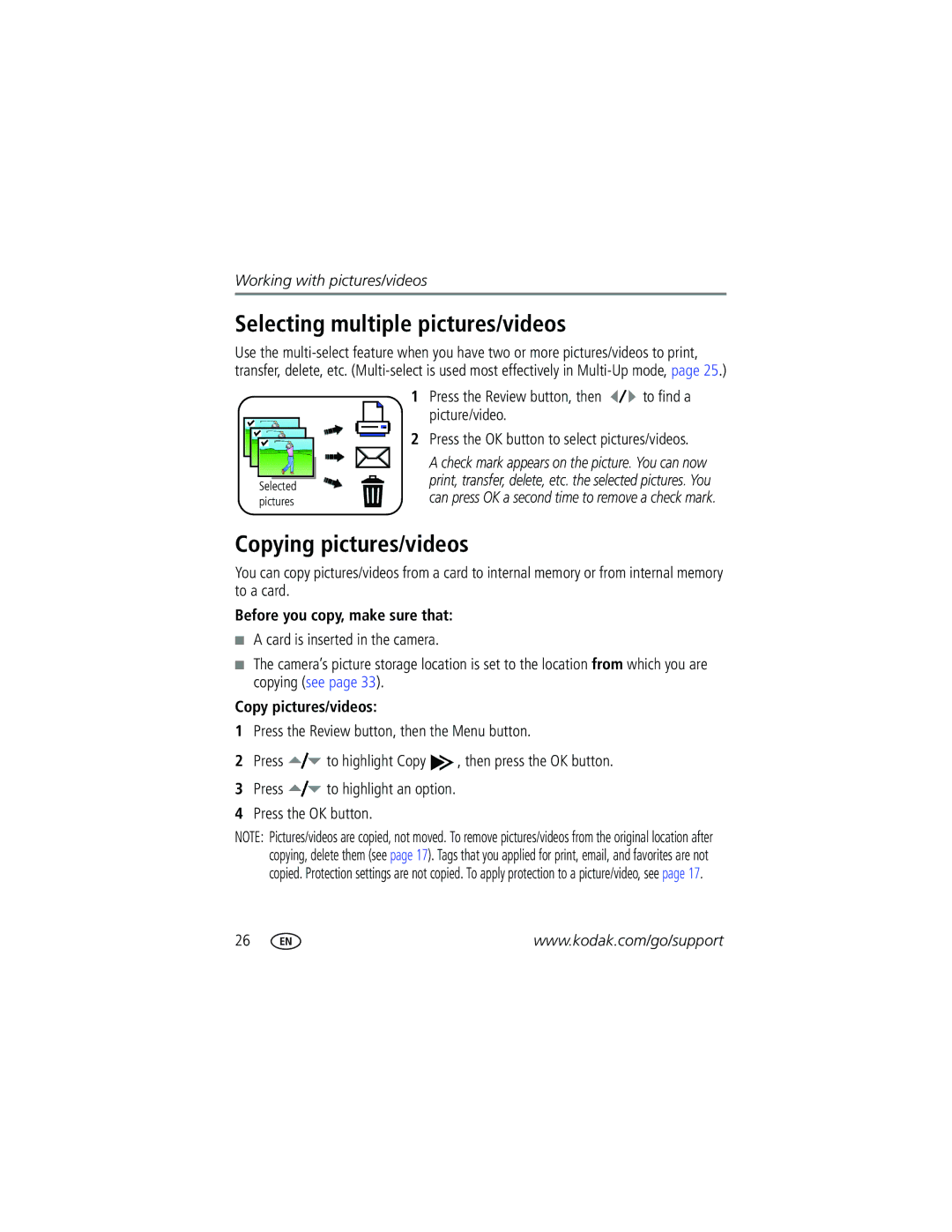 Kodak EasyShare manual Selecting multiple pictures/videos, Copying pictures/videos, Before you copy, make sure that 