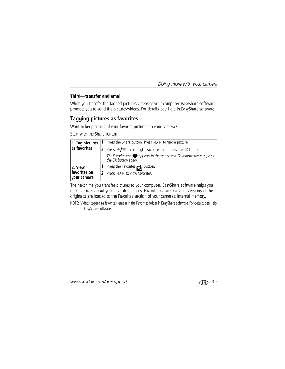 Kodak EasyShare manual Tagging pictures as favorites, Third-transfer and email 