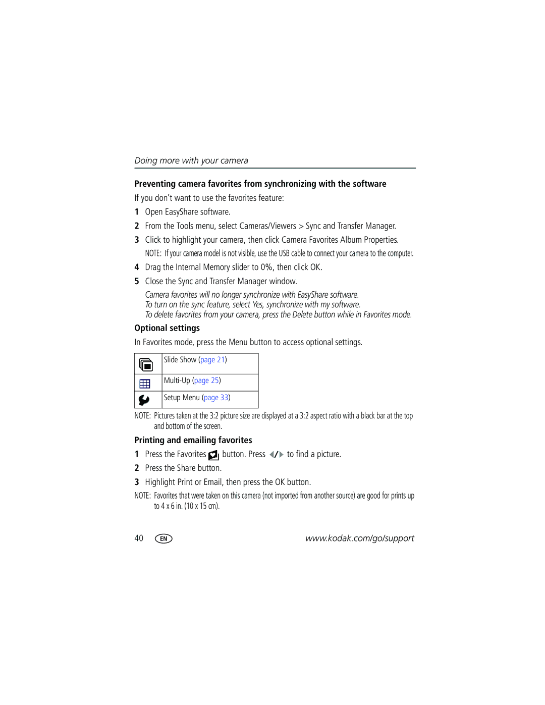 Kodak EasyShare manual Optional settings, Printing and emailing favorites 