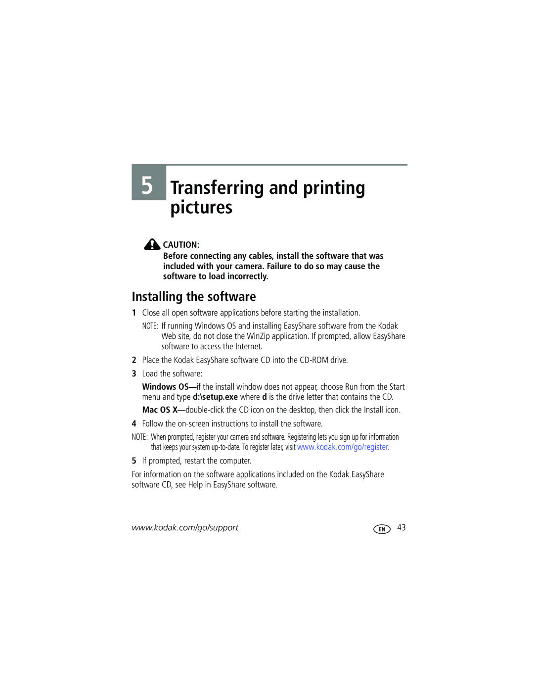 Kodak EasyShare manual Transferring and printing pictures, Installing the software 