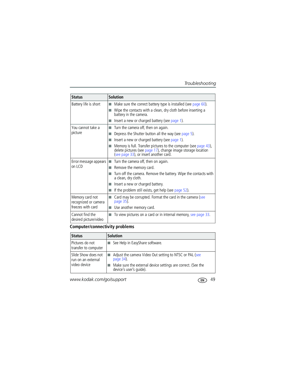 Kodak EasyShare manual Computer/connectivity problems 