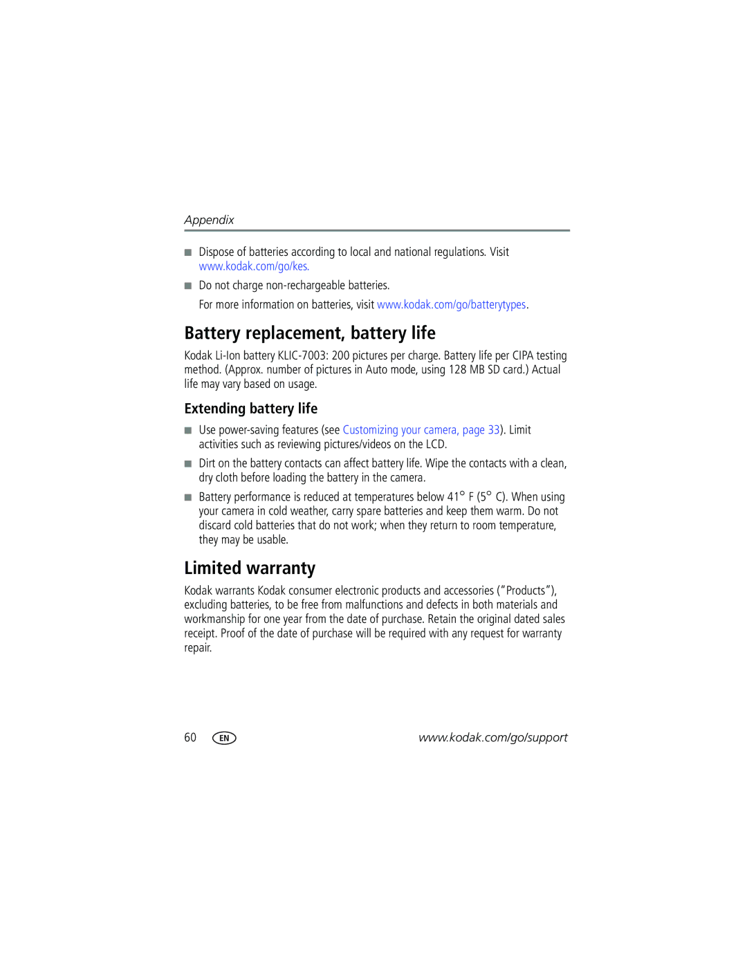 Kodak EasyShare manual Battery replacement, battery life, Limited warranty, Extending battery life 