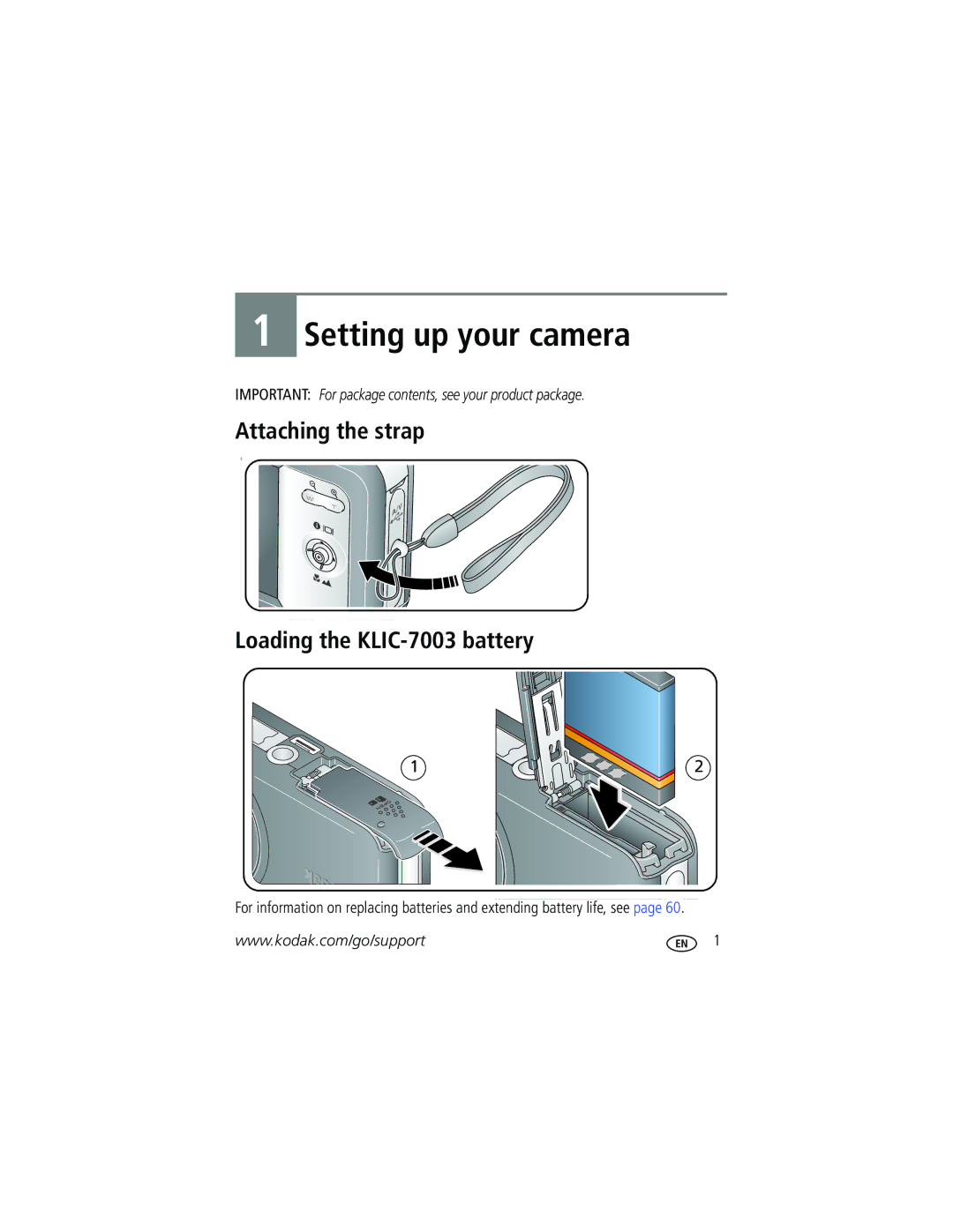 Kodak EasyShare manual Setting up your camera, Attaching the strap Loading the KLIC-7003 battery 