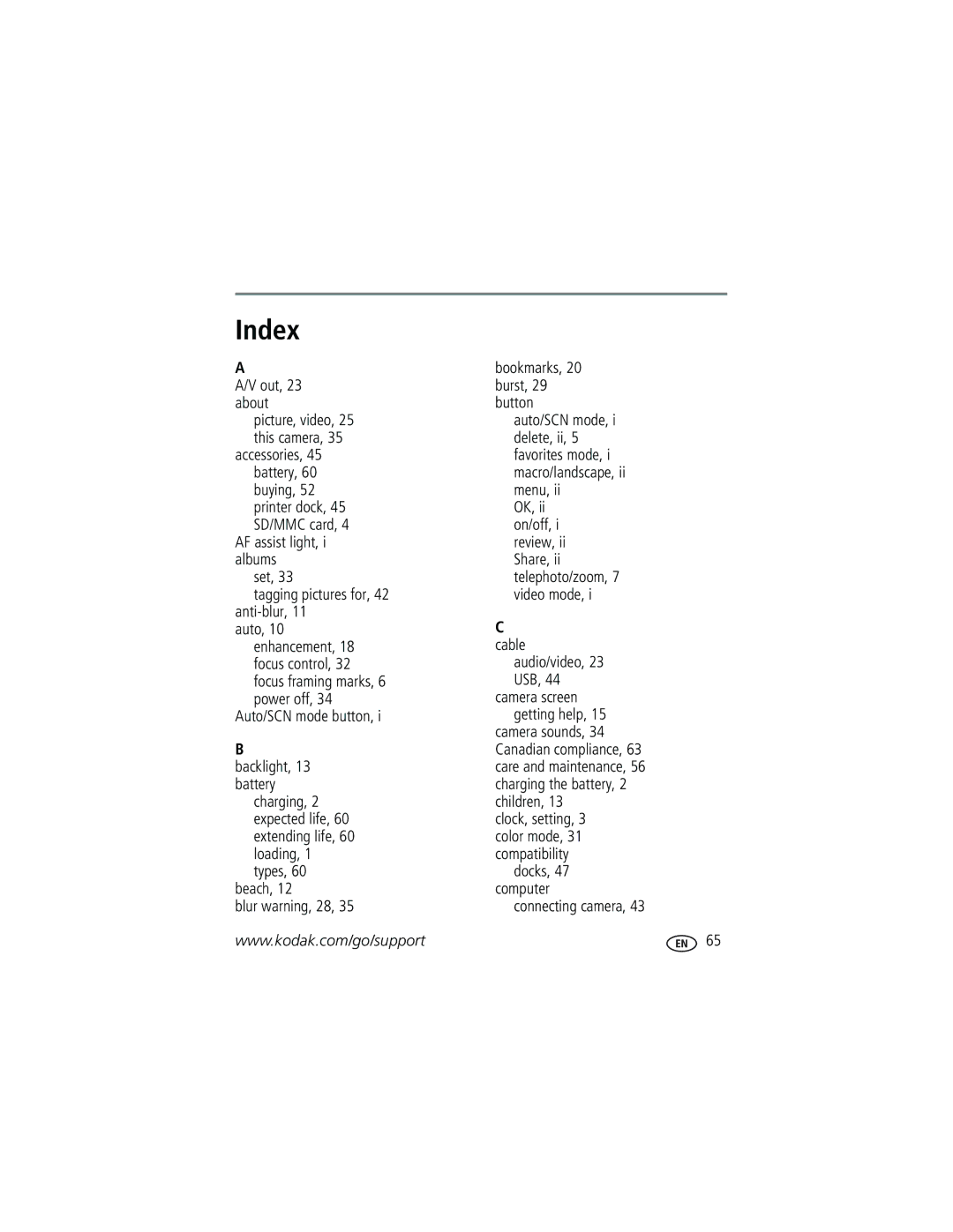 Kodak EasyShare manual Index, Bookmarks 