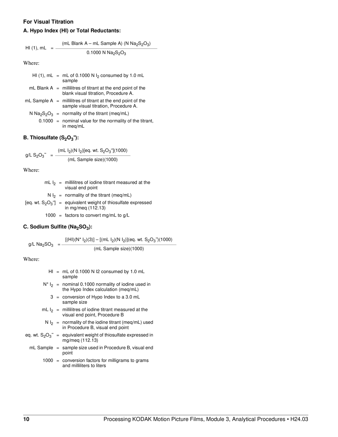 Kodak ECN-0002/1 manual ML I2N I2eq. wt. S2O3=1000 S2O3= = ML Sample size1000 