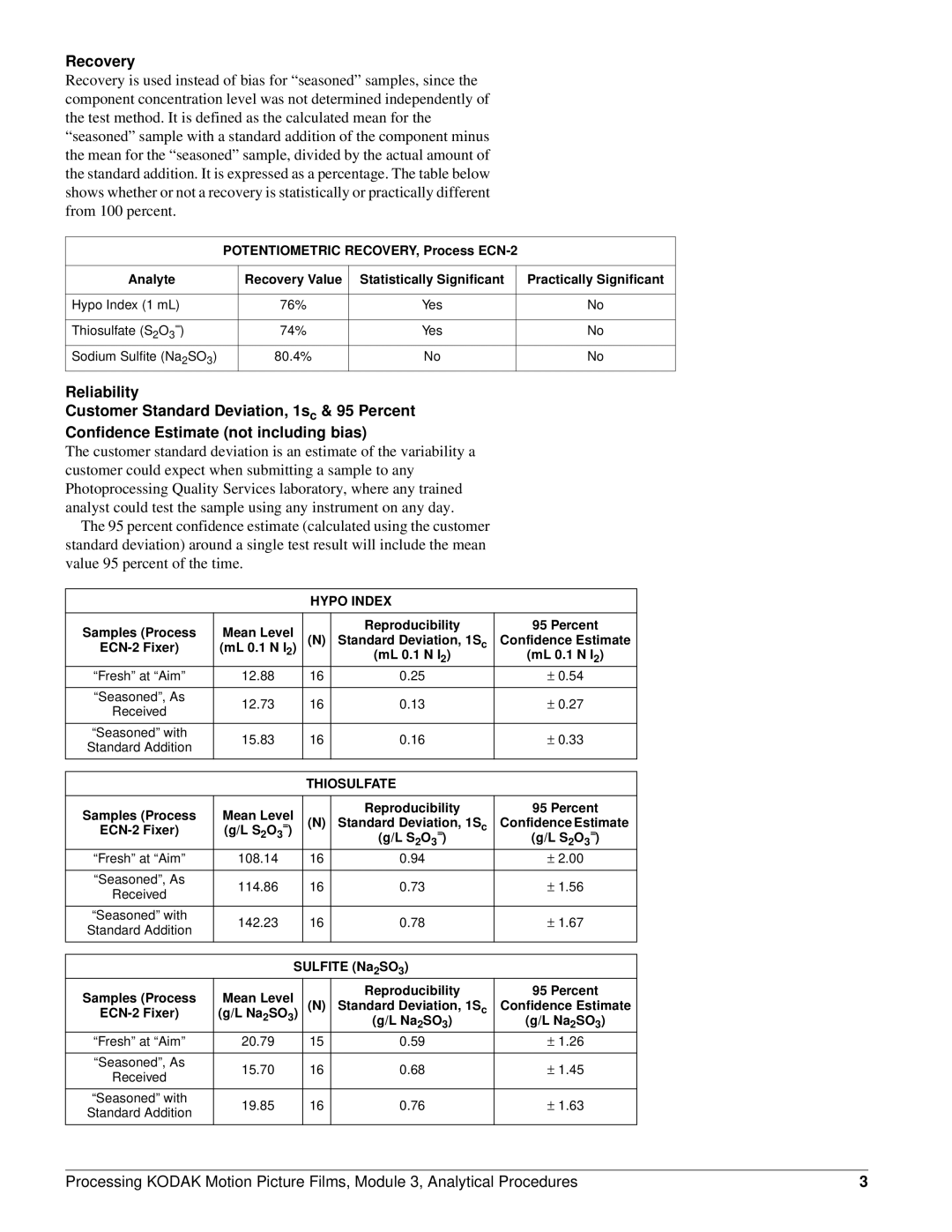 Kodak ECN-0002/1 manual Recovery, Hypo Index 