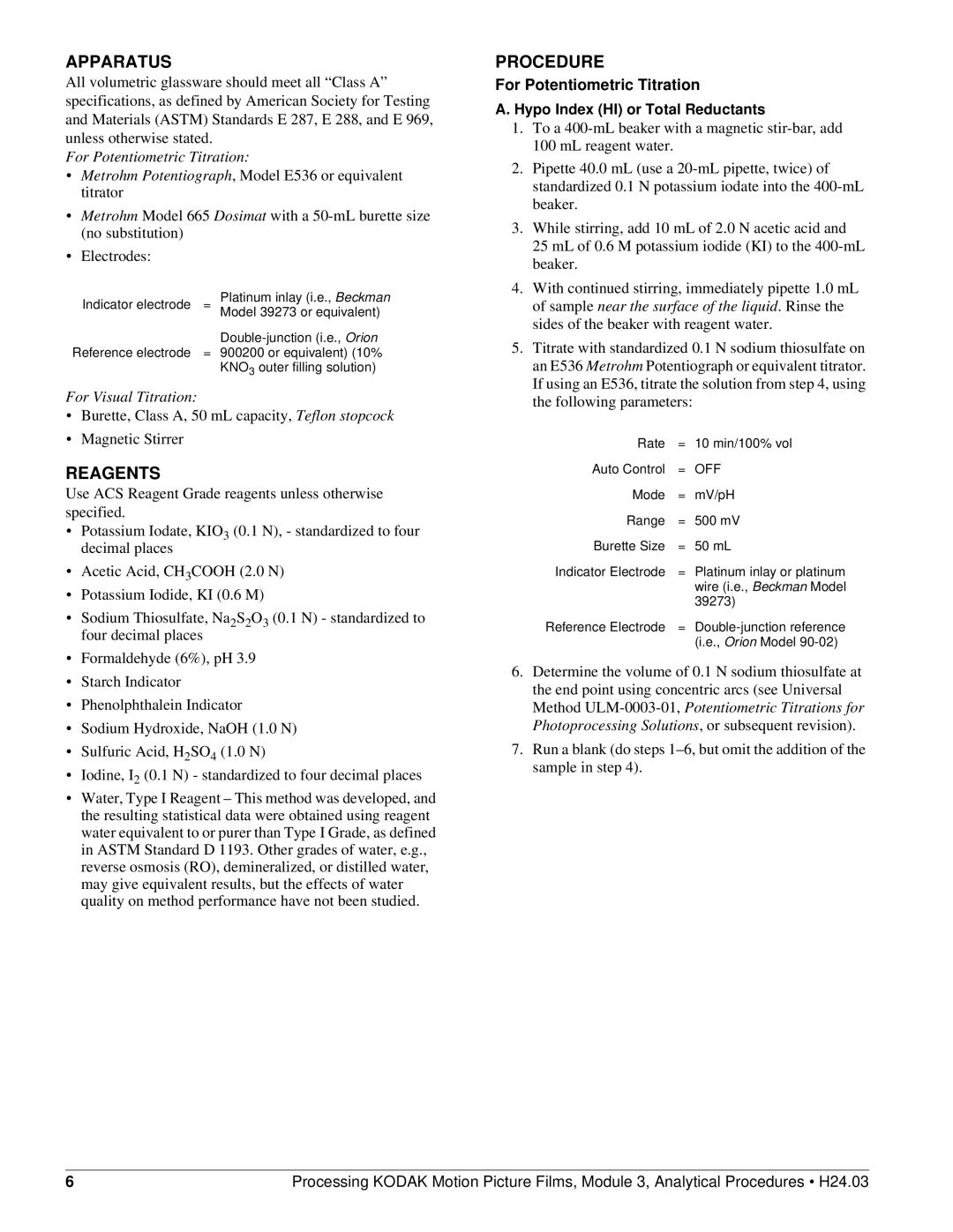 Kodak ECN-0002/1 manual Apparatus, Reagents, Procedure 