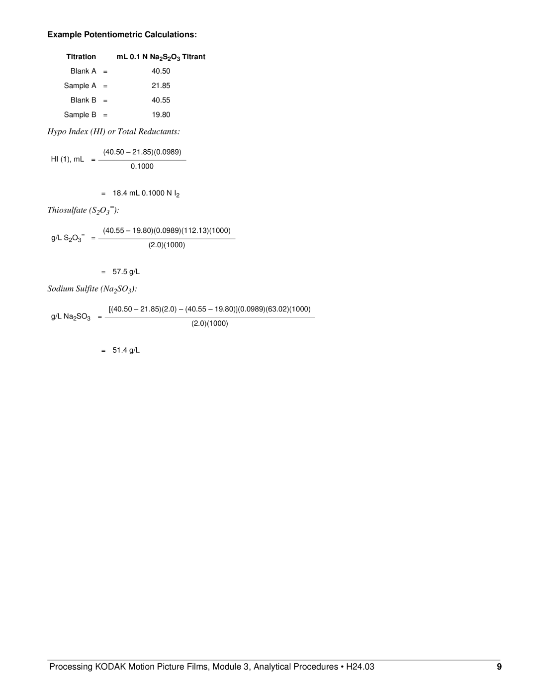 Kodak ECN-0002/1 manual Example Potentiometric Calculations 