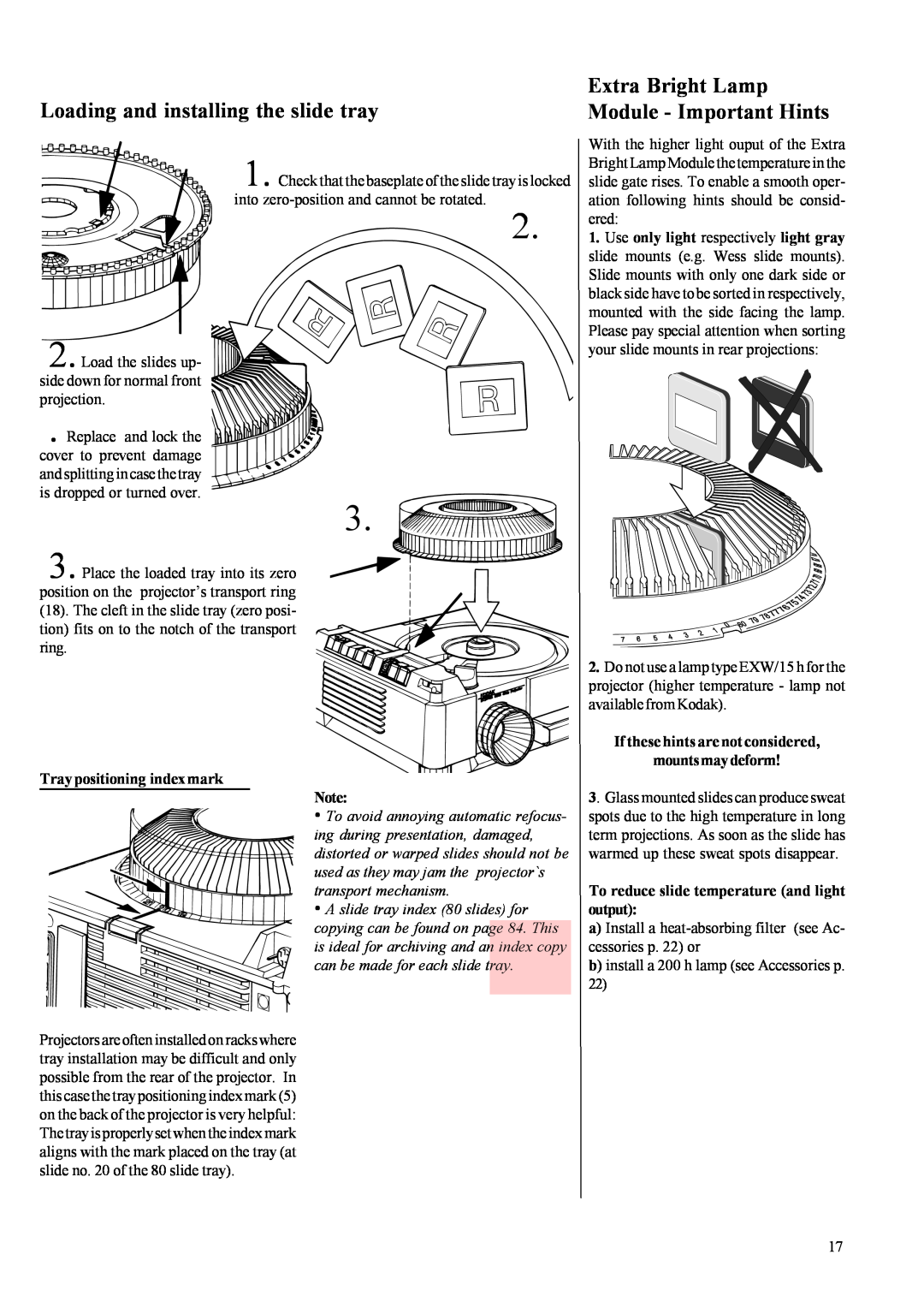 Kodak EKTAPRO instruction manual Extra Bright Lamp, Loading and installing the slide tray, Module - Important Hints 
