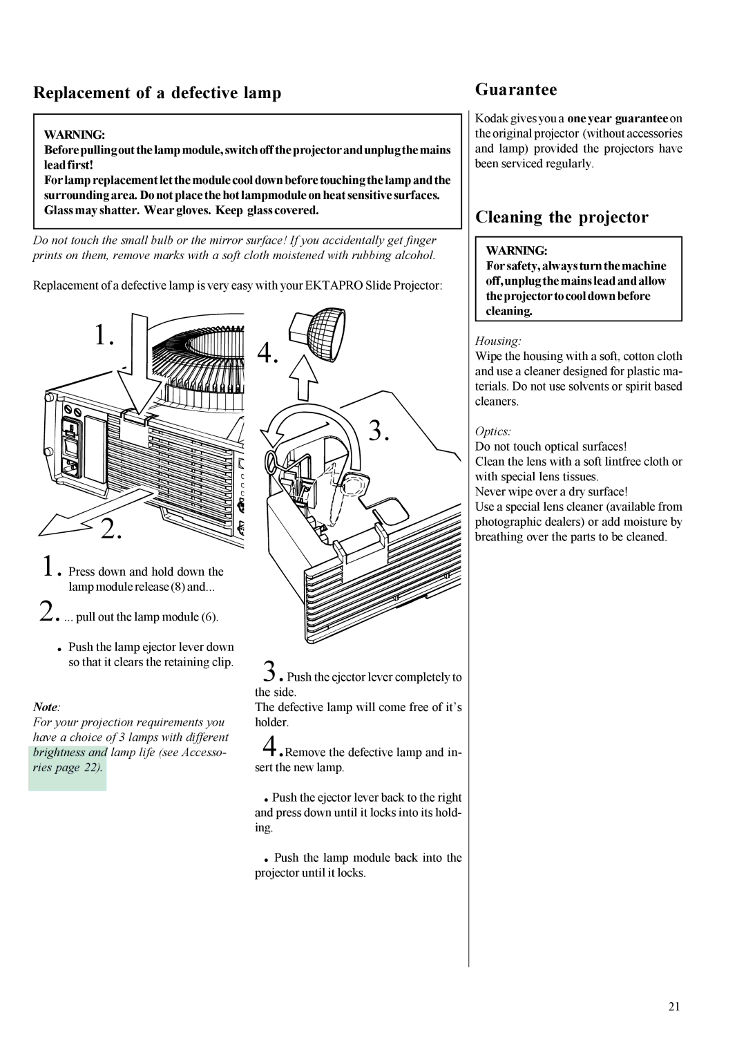 Kodak EKTAPRO instruction manual Replacement of a defective lamp, Guarantee, Cleaning the projector 