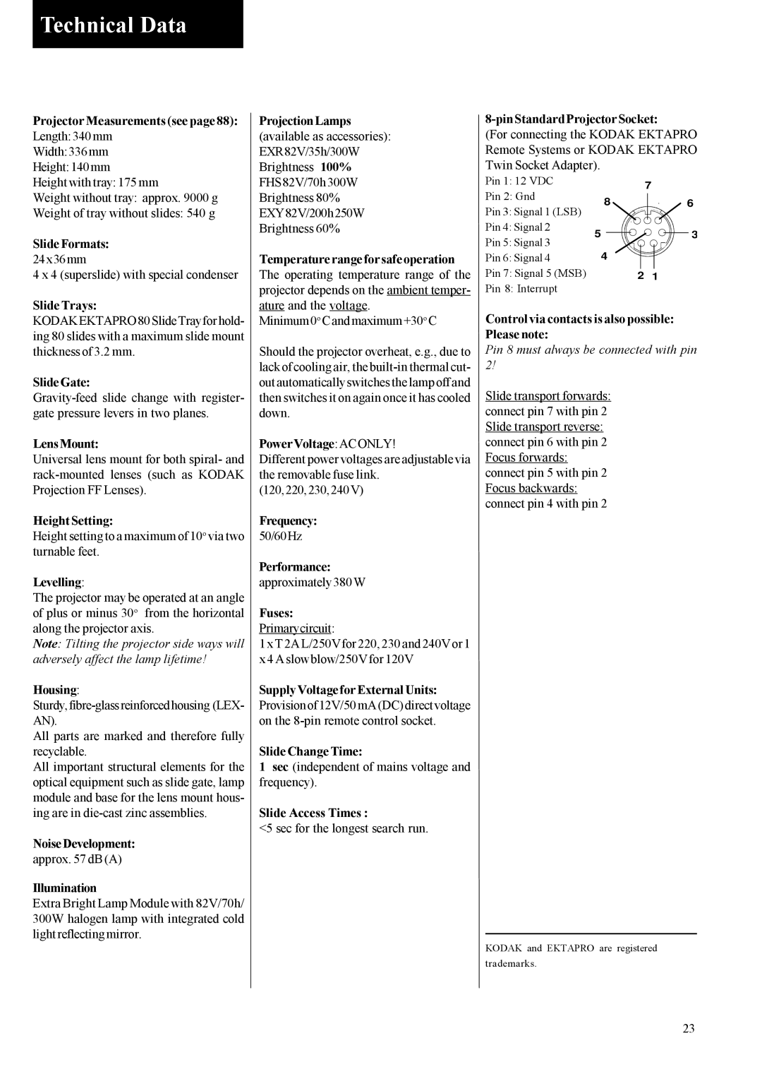 Kodak EKTAPRO instruction manual Technical Data 