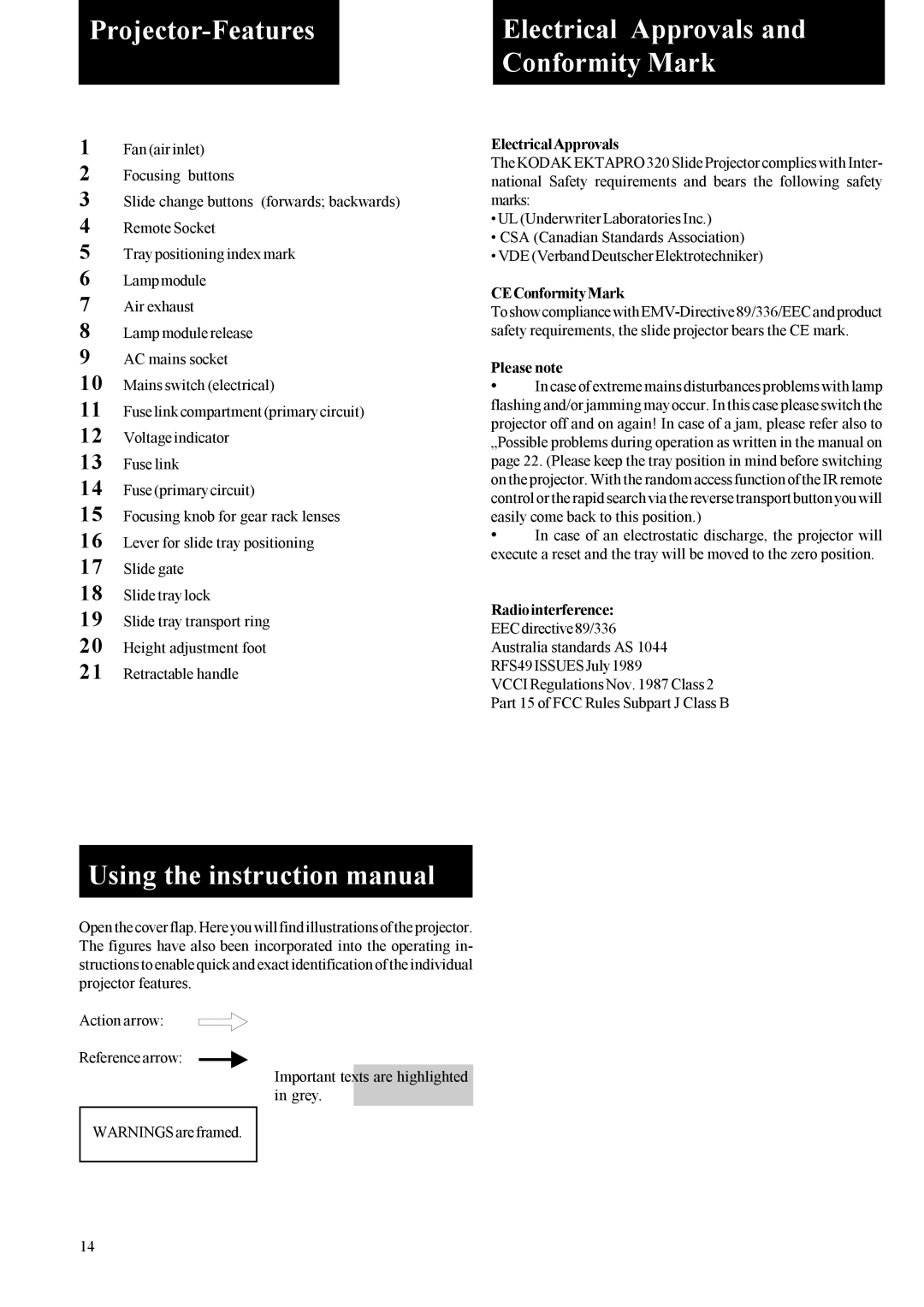 Kodak EKTAPRO instruction manual Projector-Features, Electrical Approvals and Conformity Mark 