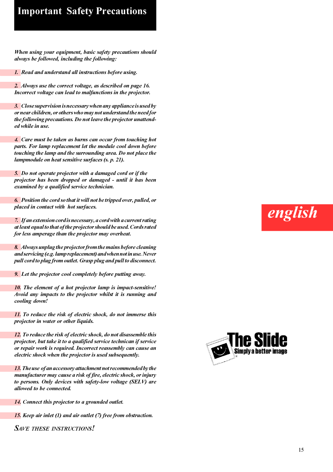 Kodak EKTAPRO instruction manual English, Important Safety Precautions 