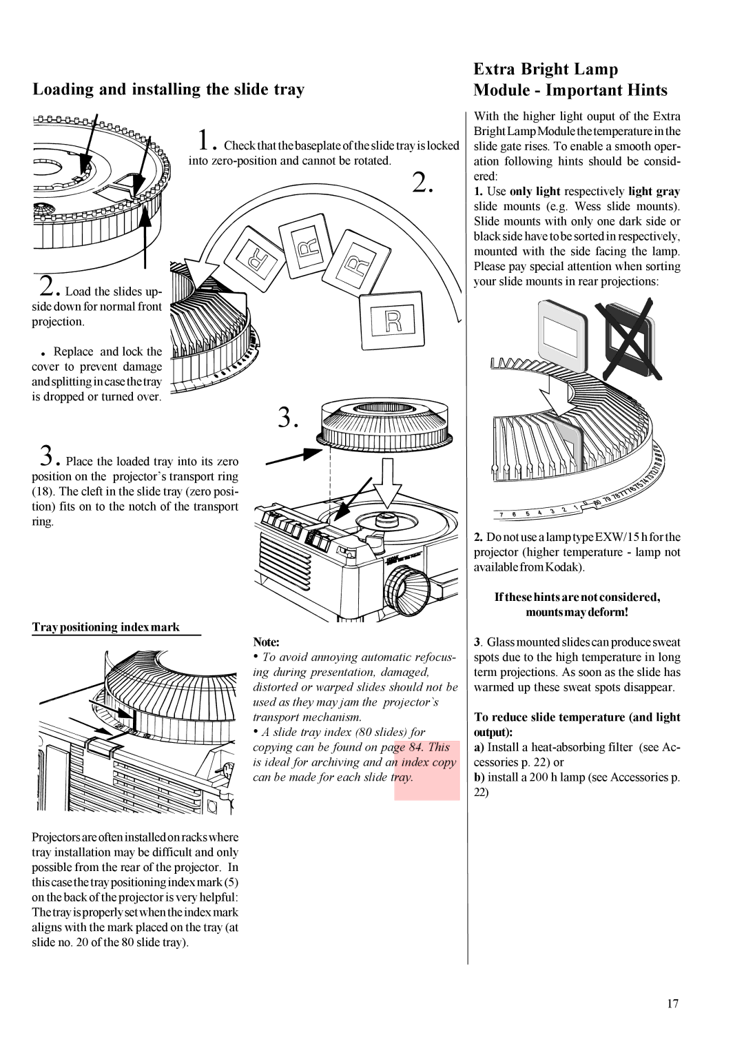 Kodak EKTAPRO instruction manual Extra Bright Lamp, Loading and installing the slide tray, Tray positioning index mark 