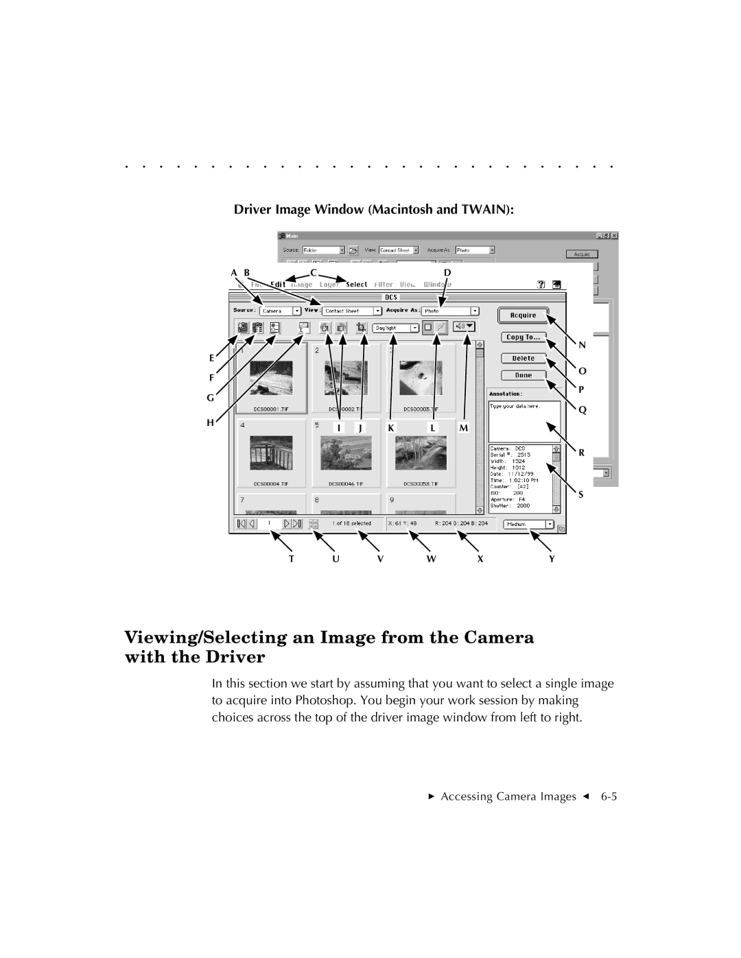 Kodak EOSDCS 3, EOSDCS 5, EOSDCS 1 user manual Viewing/Selecting an Image from the Camera with the Driver 