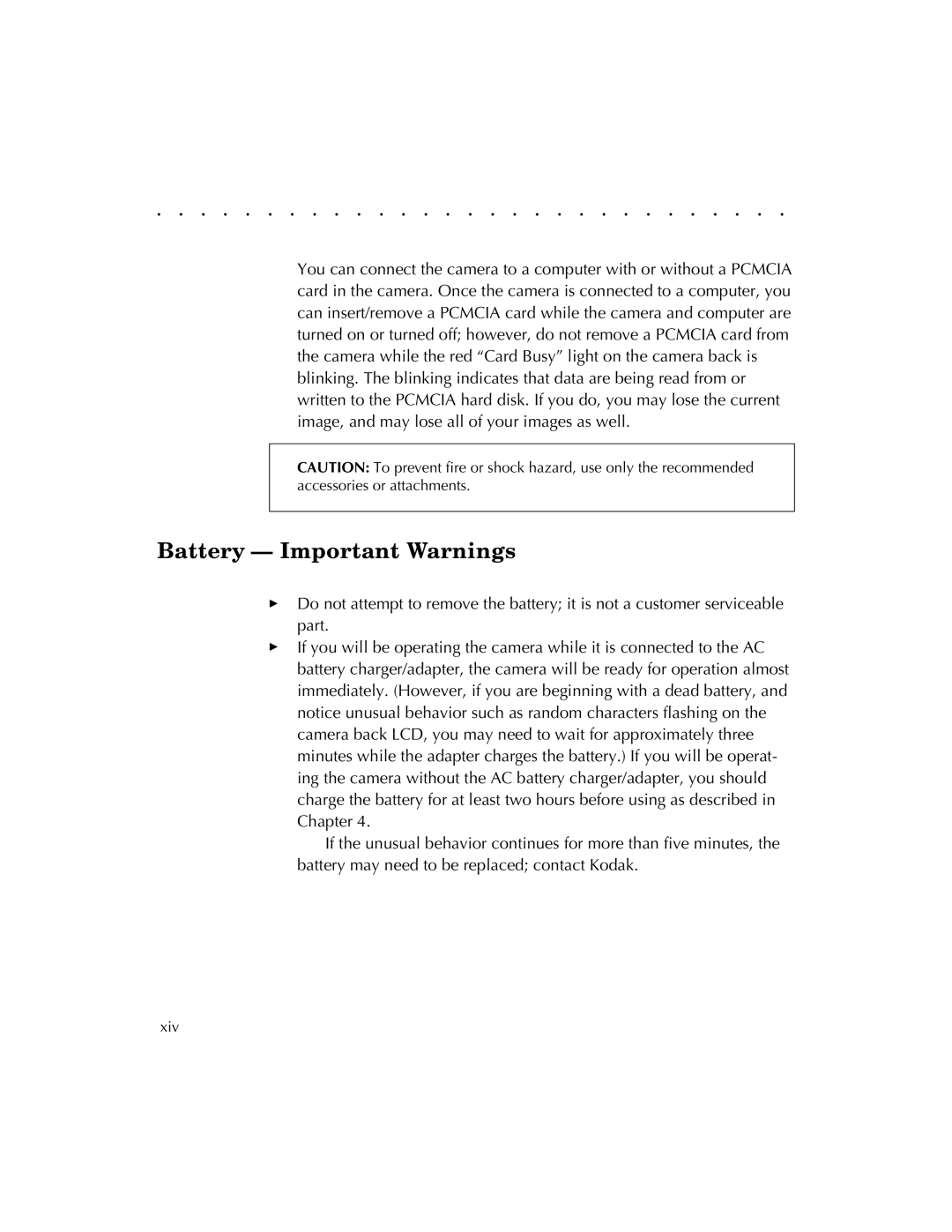 Kodak EOSDCS 1, EOSDCS 5, EOSDCS 3 user manual Battery Important Warnings 