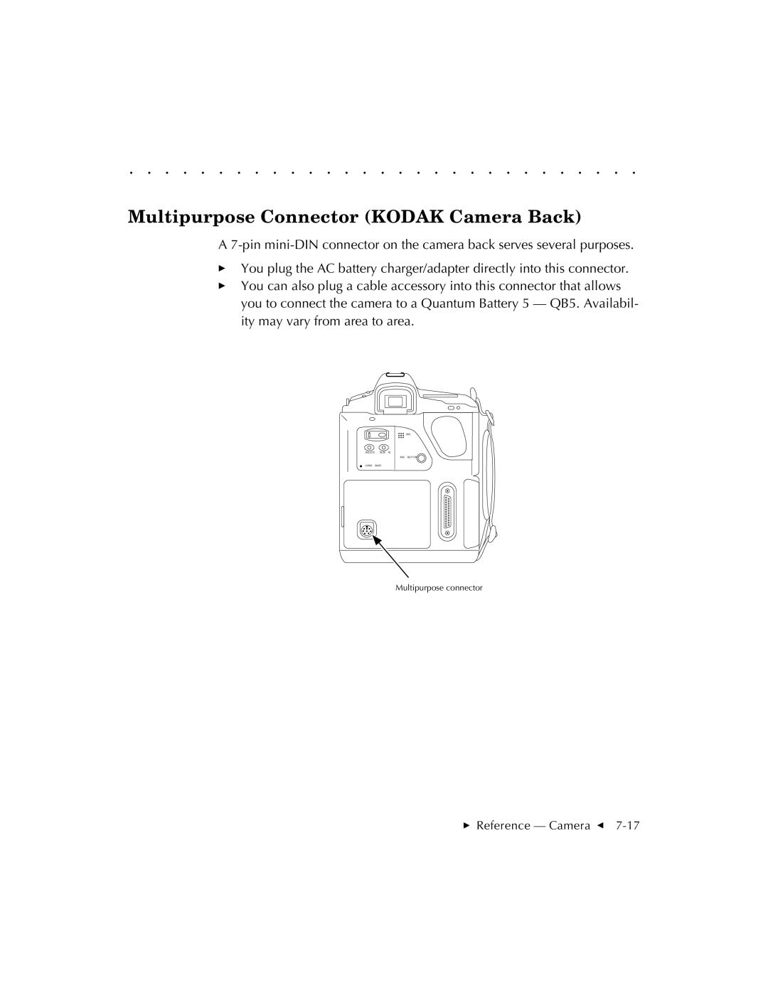 Kodak EOSDCS 1, EOSDCS 5, EOSDCS 3 user manual Multipurpose Connector Kodak Camera Back 