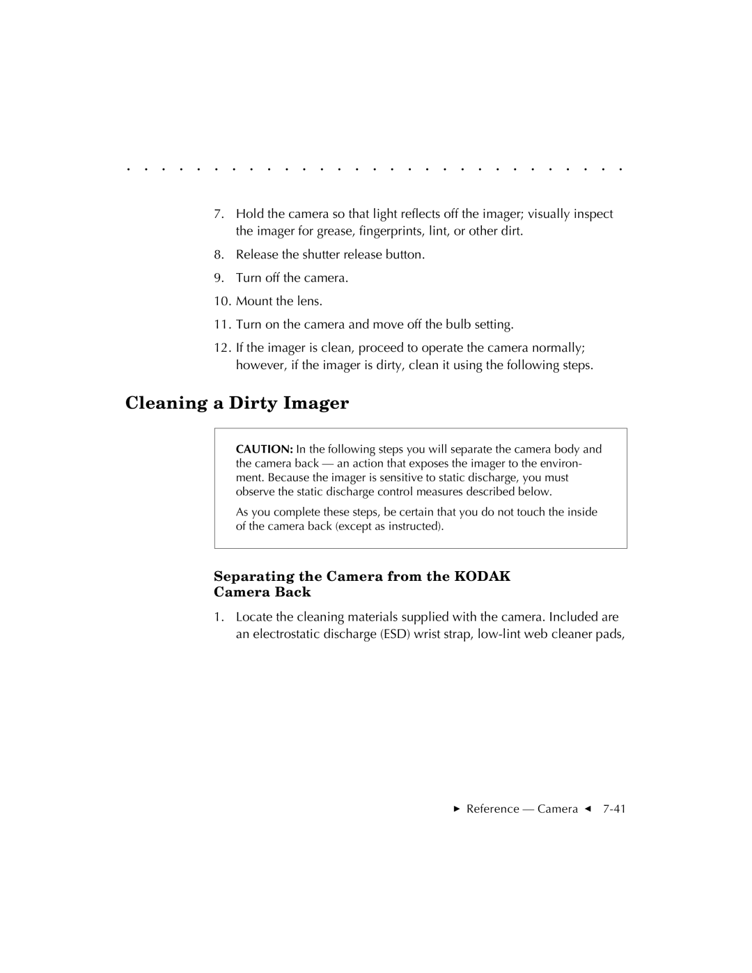 Kodak EOSDCS 1, EOSDCS 5, EOSDCS 3 user manual Cleaning a Dirty Imager, Separating the Camera from the Kodak Camera Back 