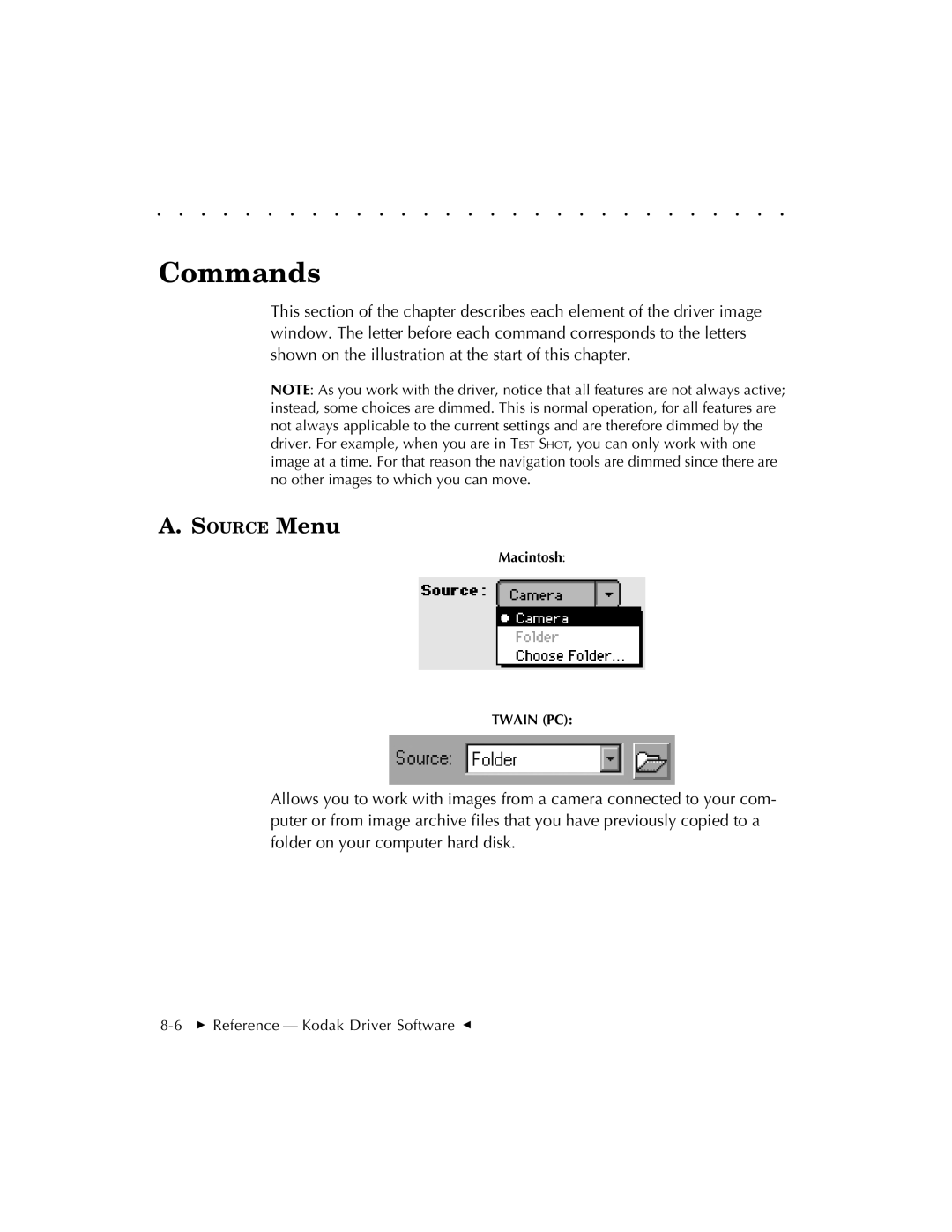 Kodak EOSDCS 1, EOSDCS 5, EOSDCS 3 user manual Commands, Source Menu 