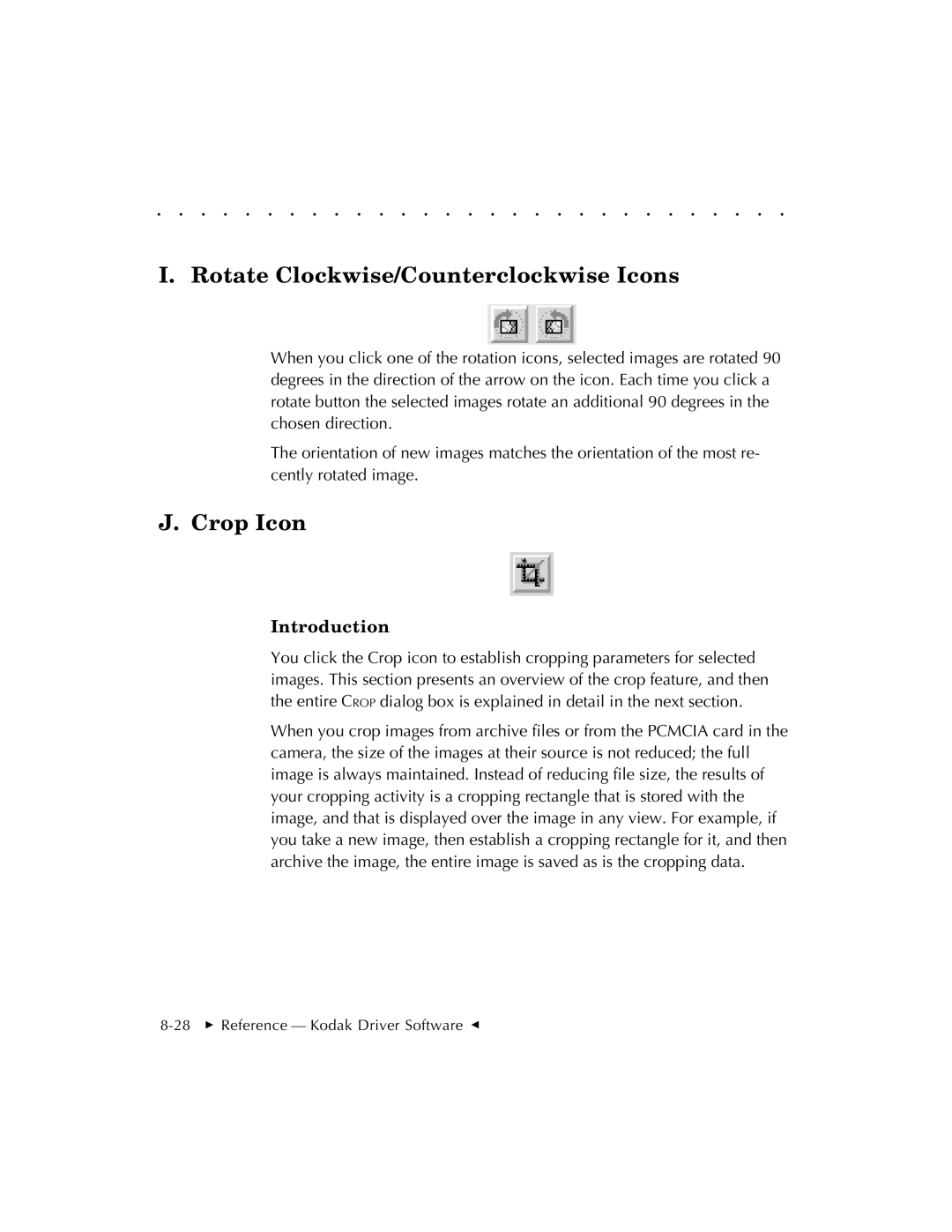 Kodak EOSDCS 5, EOSDCS 3, EOSDCS 1 user manual Rotate Clockwise/Counterclockwise Icons, Crop Icon 