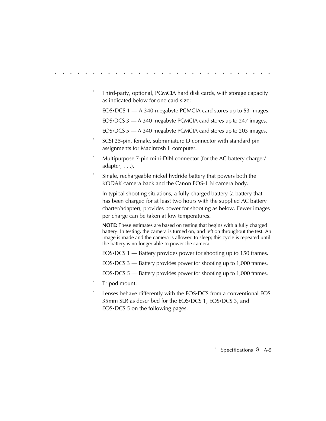 Kodak EOSDCS 1, EOSDCS 5, EOSDCS 3 user manual  Specifications G A-5 