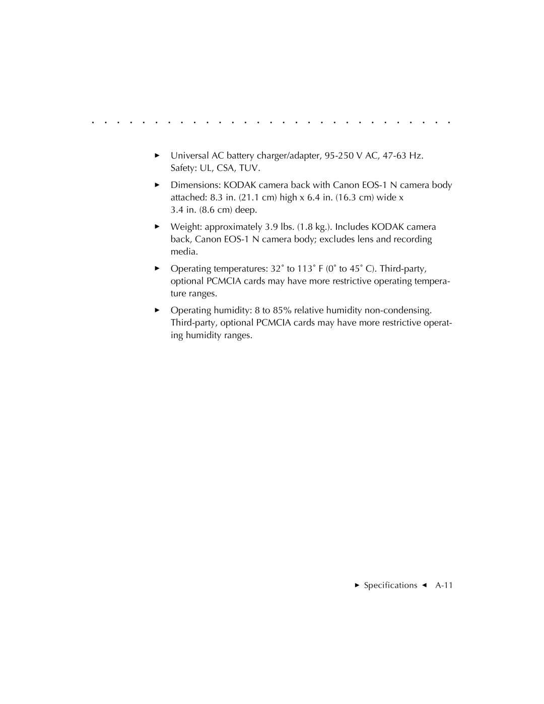 Kodak EOSDCS 1, EOSDCS 5, EOSDCS 3 user manual  Specifications G A-11 