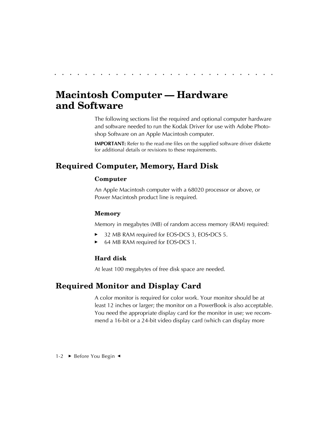 Kodak EOSDCS 3, EOSDCS 5, EOSDCS 1 user manual Macintosh Computer Hardware and Software, Required Computer, Memory, Hard Disk 