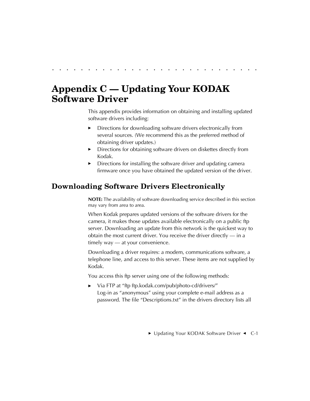 Kodak EOSDCS 3, EOSDCS 5 Appendix C Updating Your Kodak Software Driver, Downloading Software Drivers Electronically 