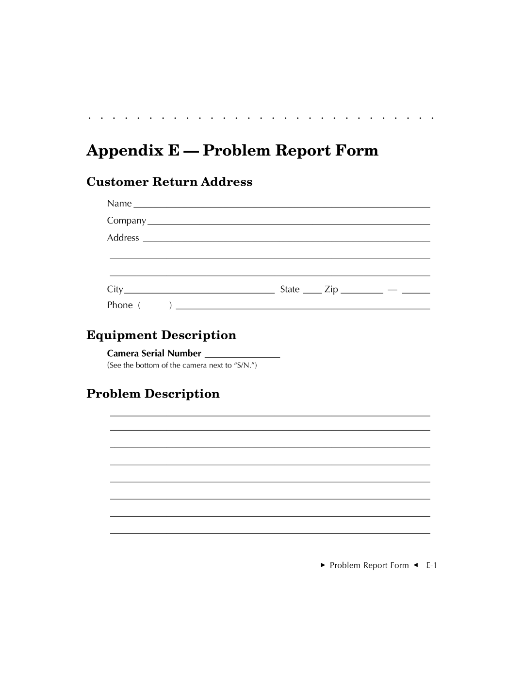 Kodak EOSDCS 3 Appendix E Problem Report Form, Customer Return Address, Equipment Description, Problem Description 