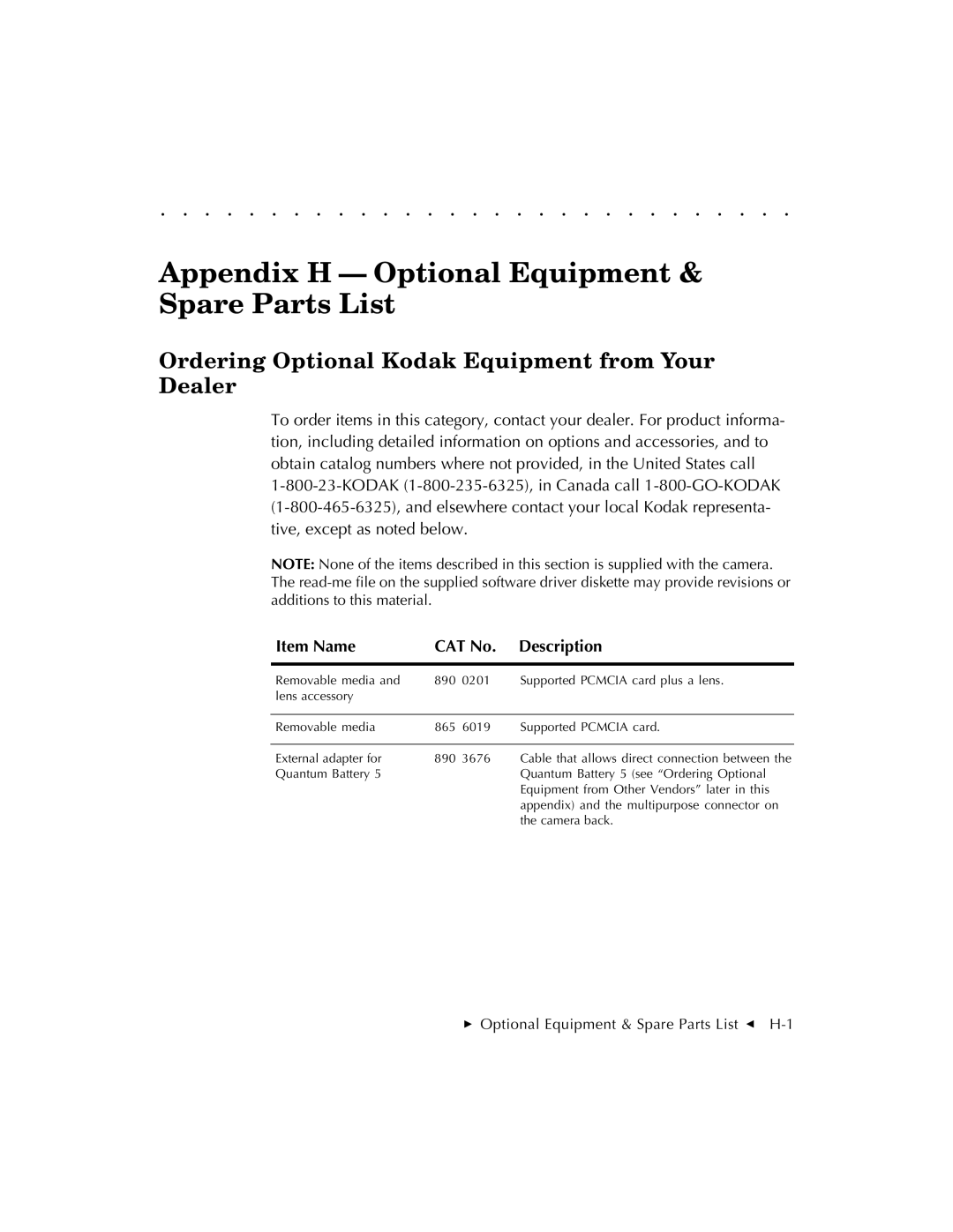 Kodak EOSDCS 3 Appendix H Optional Equipment & Spare Parts List, Ordering Optional Kodak Equipment from Your Dealer 