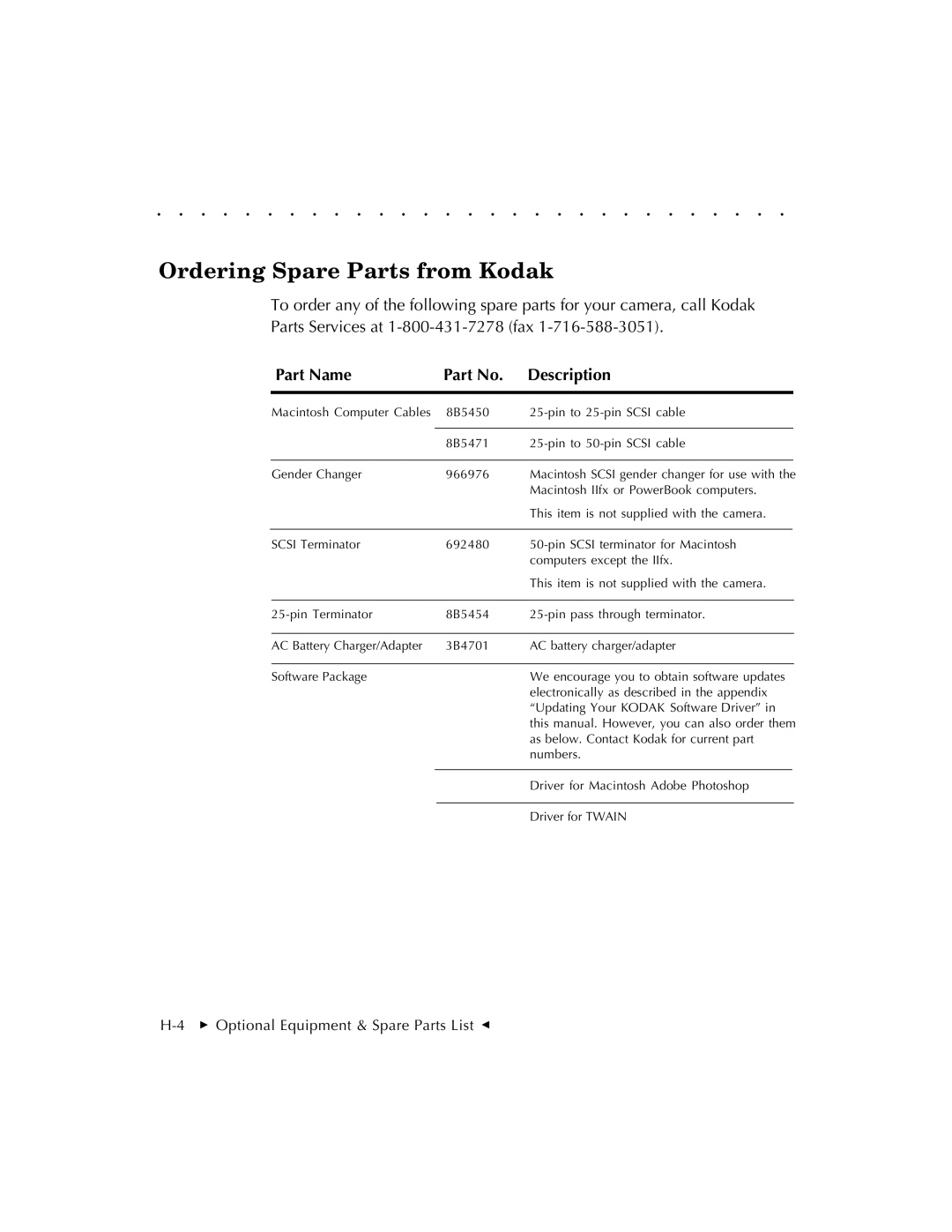 Kodak EOSDCS 3, EOSDCS 5, EOSDCS 1 user manual Ordering Spare Parts from Kodak, Part Name Description 