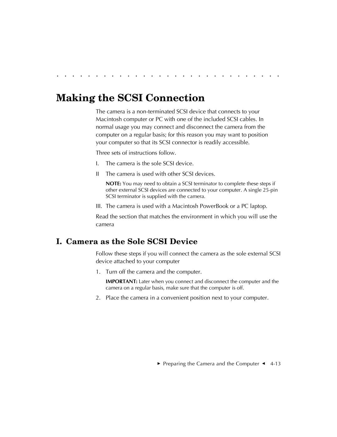 Kodak EOSDCS 5, EOSDCS 3, EOSDCS 1 user manual Making the Scsi Connection, Camera as the Sole Scsi Device 