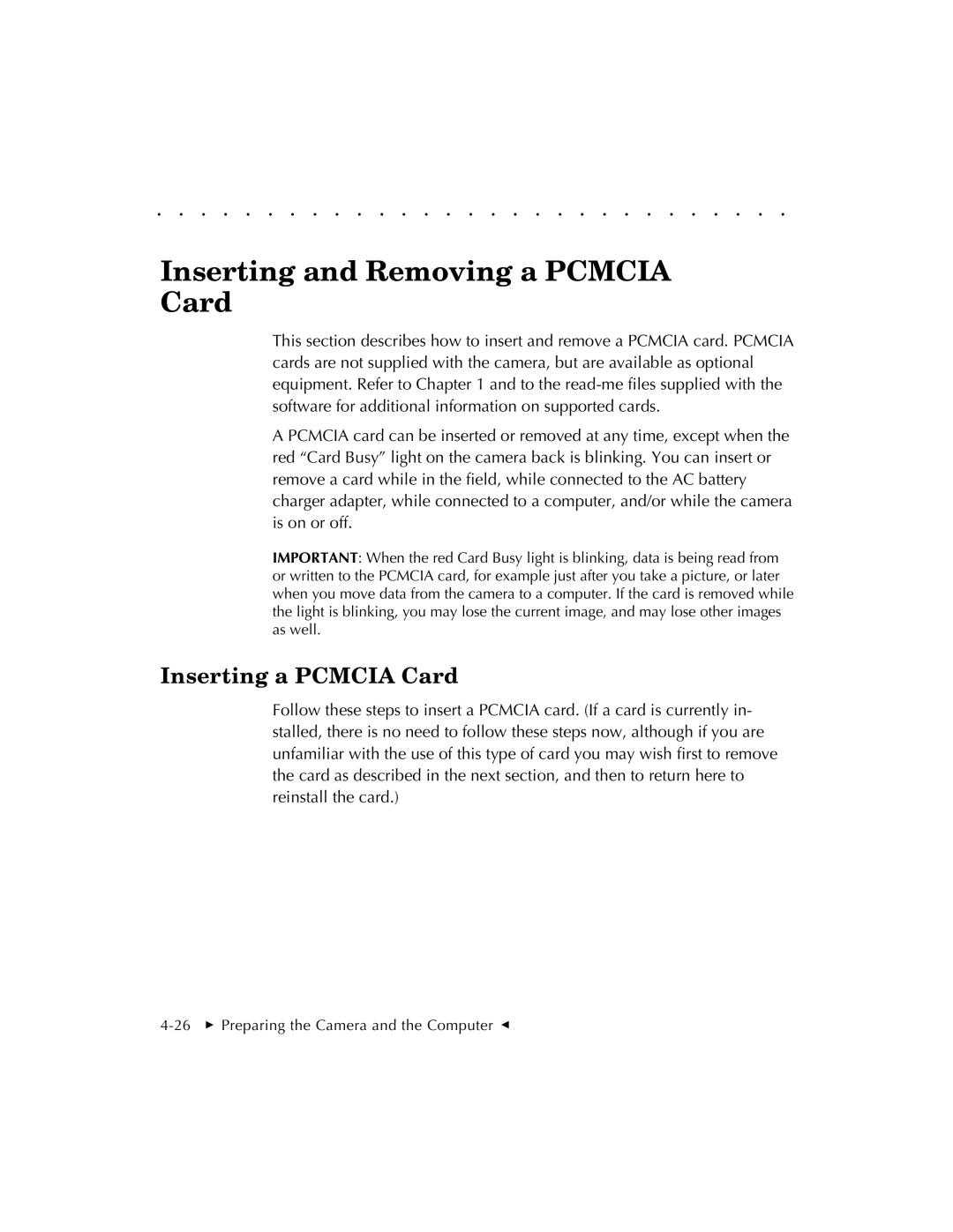 Kodak EOSDCS 3, EOSDCS 5, EOSDCS 1 user manual Inserting and Removing a Pcmcia Card, Inserting a Pcmcia Card 