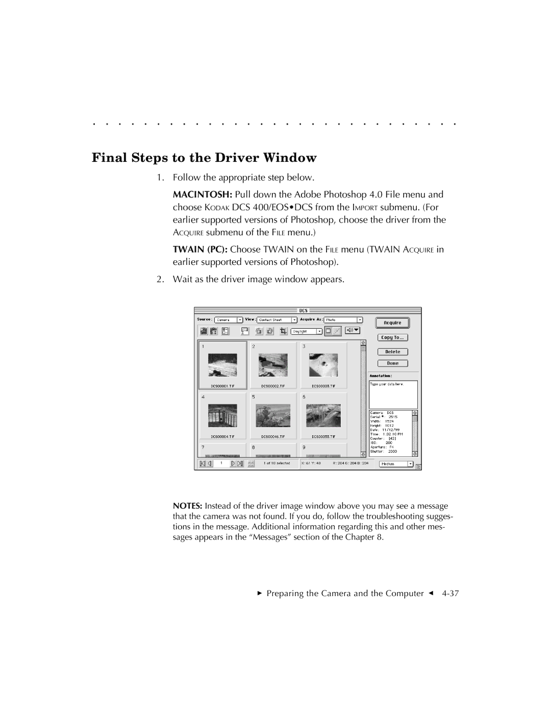 Kodak EOSDCS 5, EOSDCS 3, EOSDCS 1 user manual Final Steps to the Driver Window 