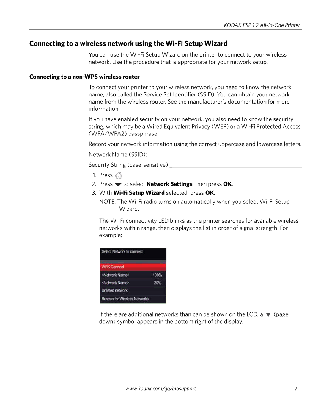 Kodak ESP 1.2 manual Connecting to a non-WPS wireless router 