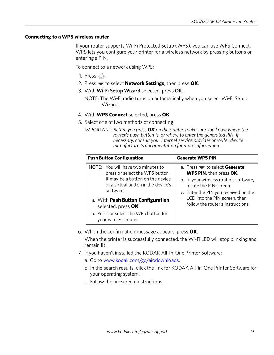 Kodak ESP 1.2 manual Connecting to a WPS wireless router, Push Button Configuration Generate WPS PIN 