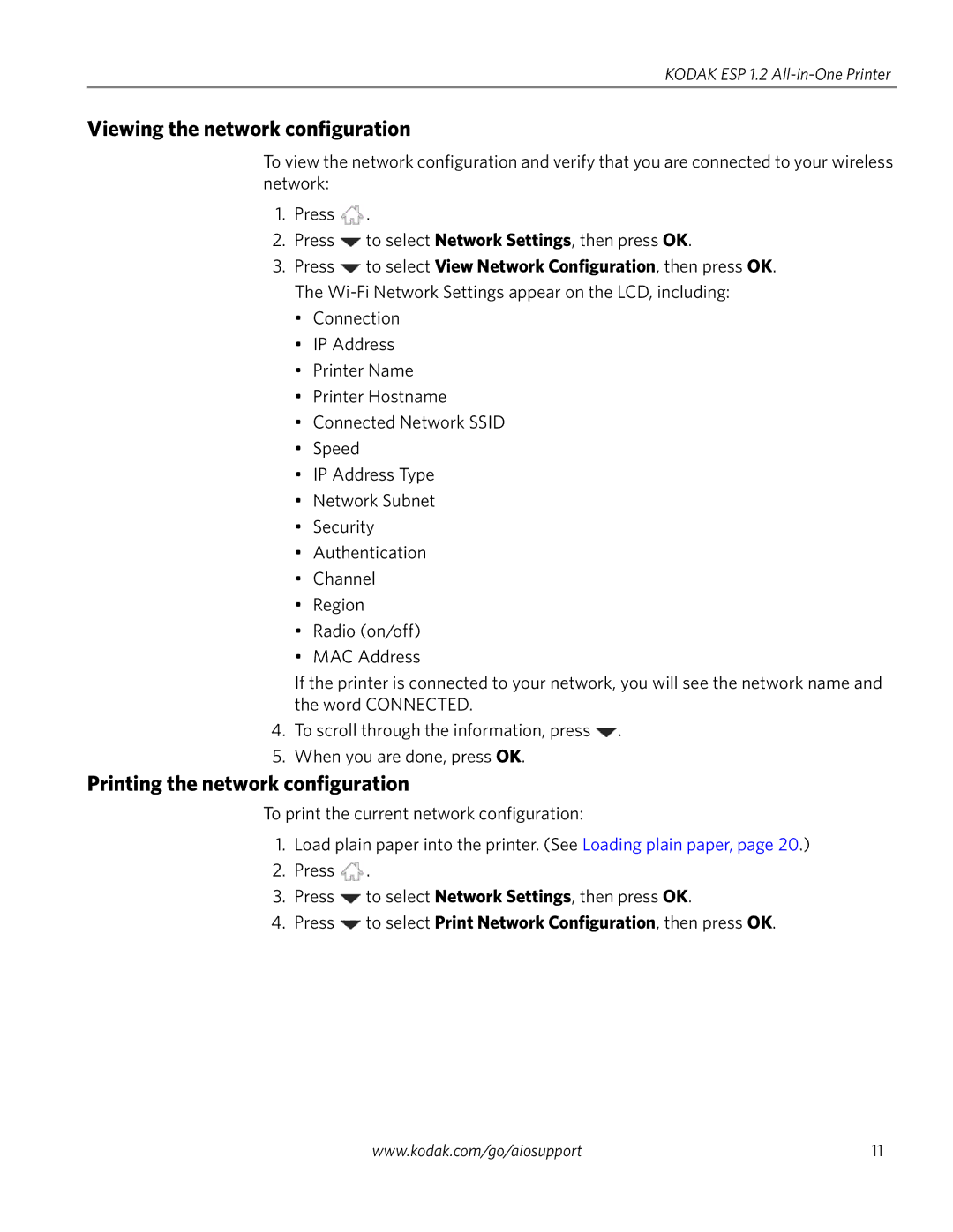 Kodak ESP 1.2 manual Viewing the network configuration, Printing the network configuration 