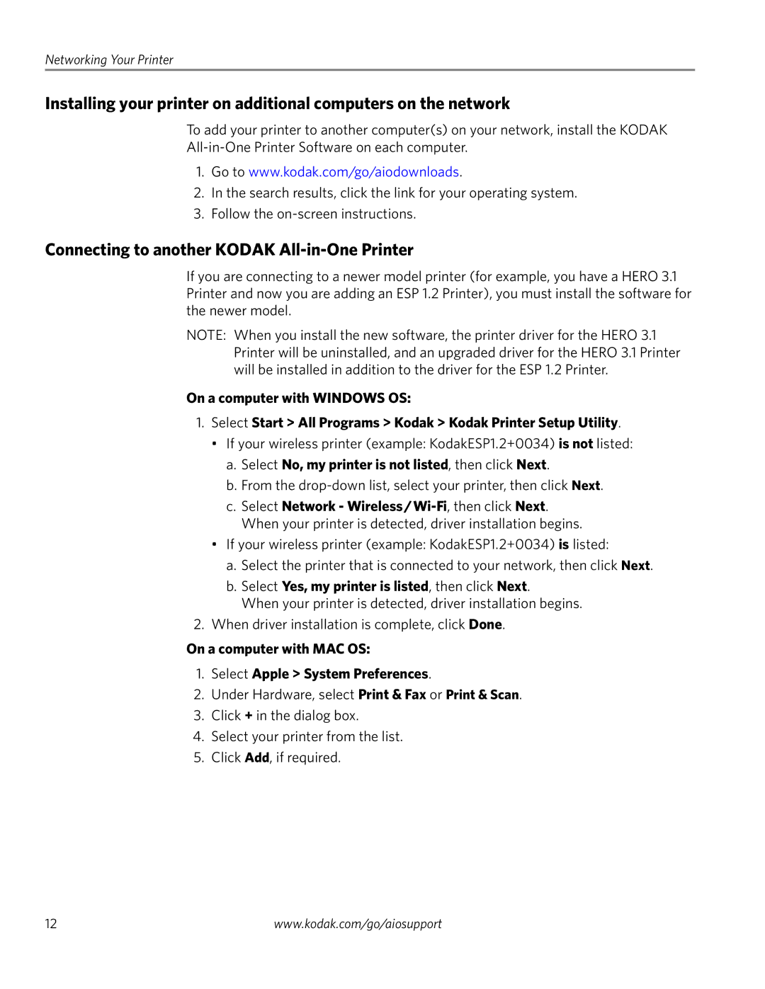 Kodak ESP 1.2 manual Connecting to another Kodak All-in-One Printer, Select No, my printer is not listed, then click Next 