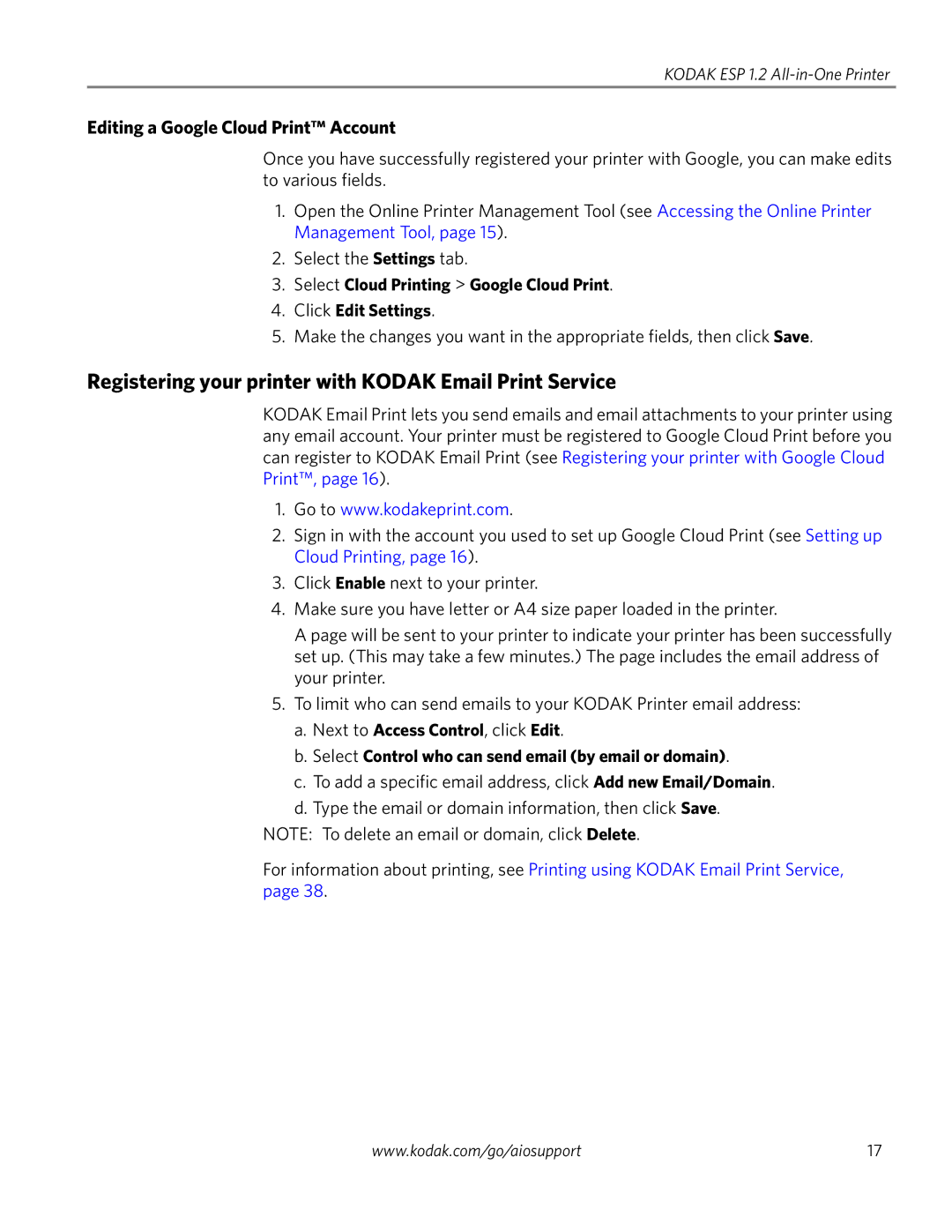 Kodak ESP 1.2 manual Registering your printer with Kodak Email Print Service, Editing a Google Cloud Print Account 