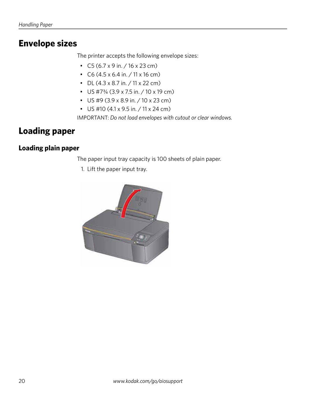 Kodak ESP 1.2 manual Envelope sizes, Loading paper, Loading plain paper 